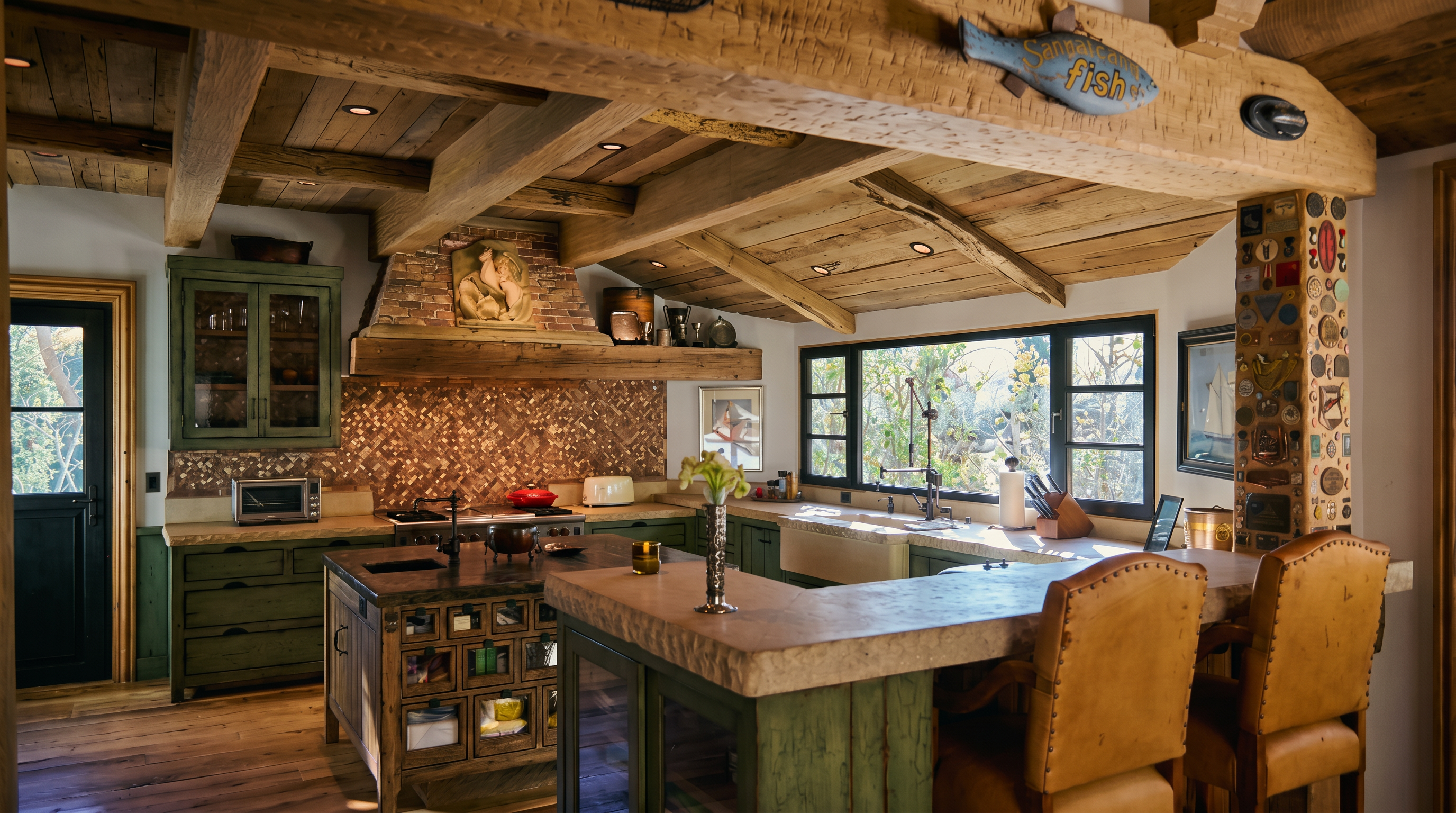 This rustic-style kitchen features exposed wooden ceiling beams, custom green cabinetry, and a large central island with a dark stone countertop. The space is accented by a decorative brick backsplash, a farmhouse sink, and a breakfast bar with leather-upholstered stools, all bathed in warm, natural light from the large windows. The overall aesthetic is cozy and artisanal, blending traditional craftsmanship with functional modern amenities.