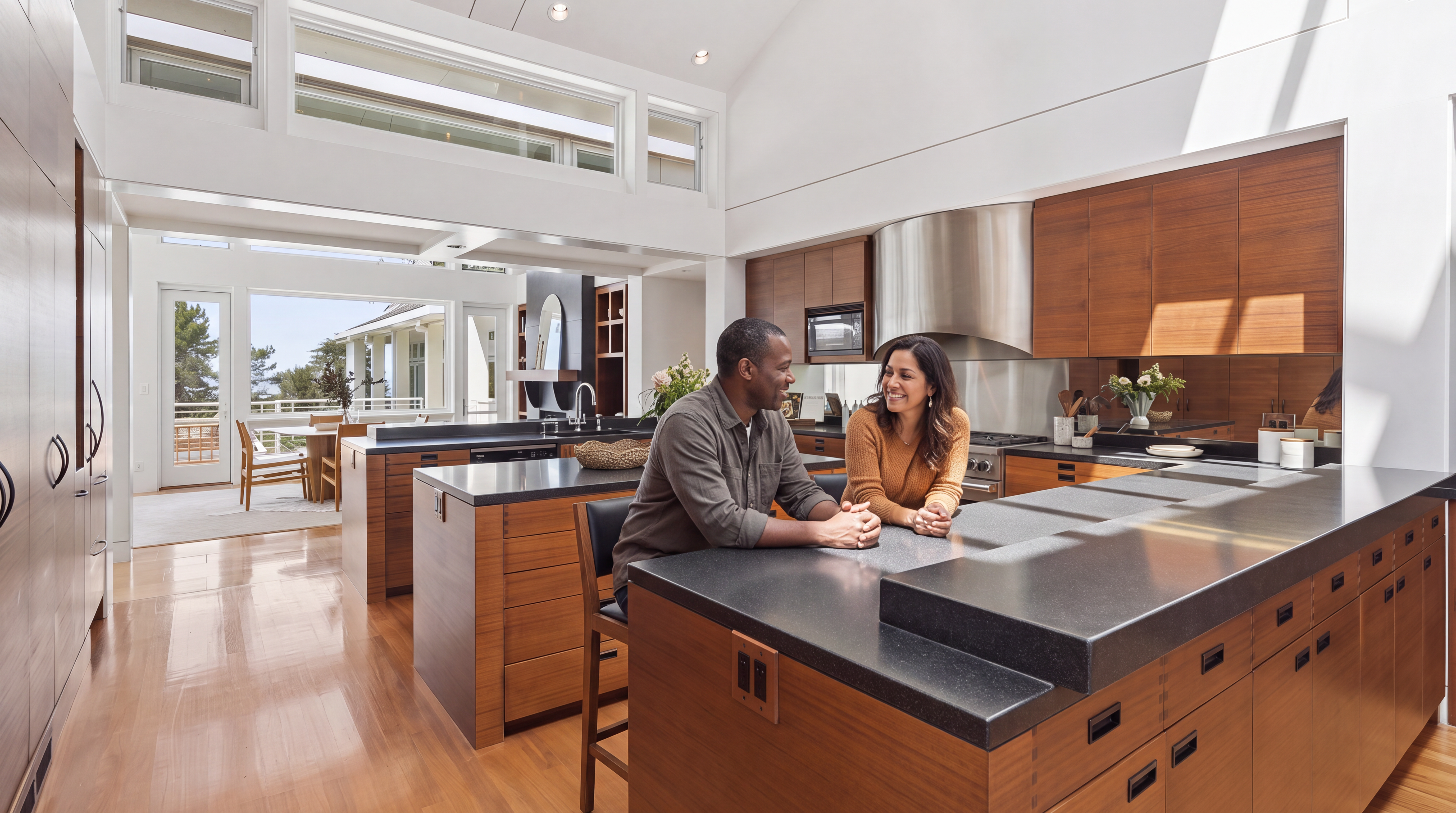 This modern, spacious kitchen features warm wood cabinetry contrasted with sleek, dark stone countertops and high-end stainless steel appliances. A large central island provides ample workspace and casual seating, while high vaulted ceilings with transom windows create an airy, light-filled atmosphere. The open-concept design seamlessly connects the kitchen to the dining area and an outdoor view, showcasing a sophisticated and inviting living space.