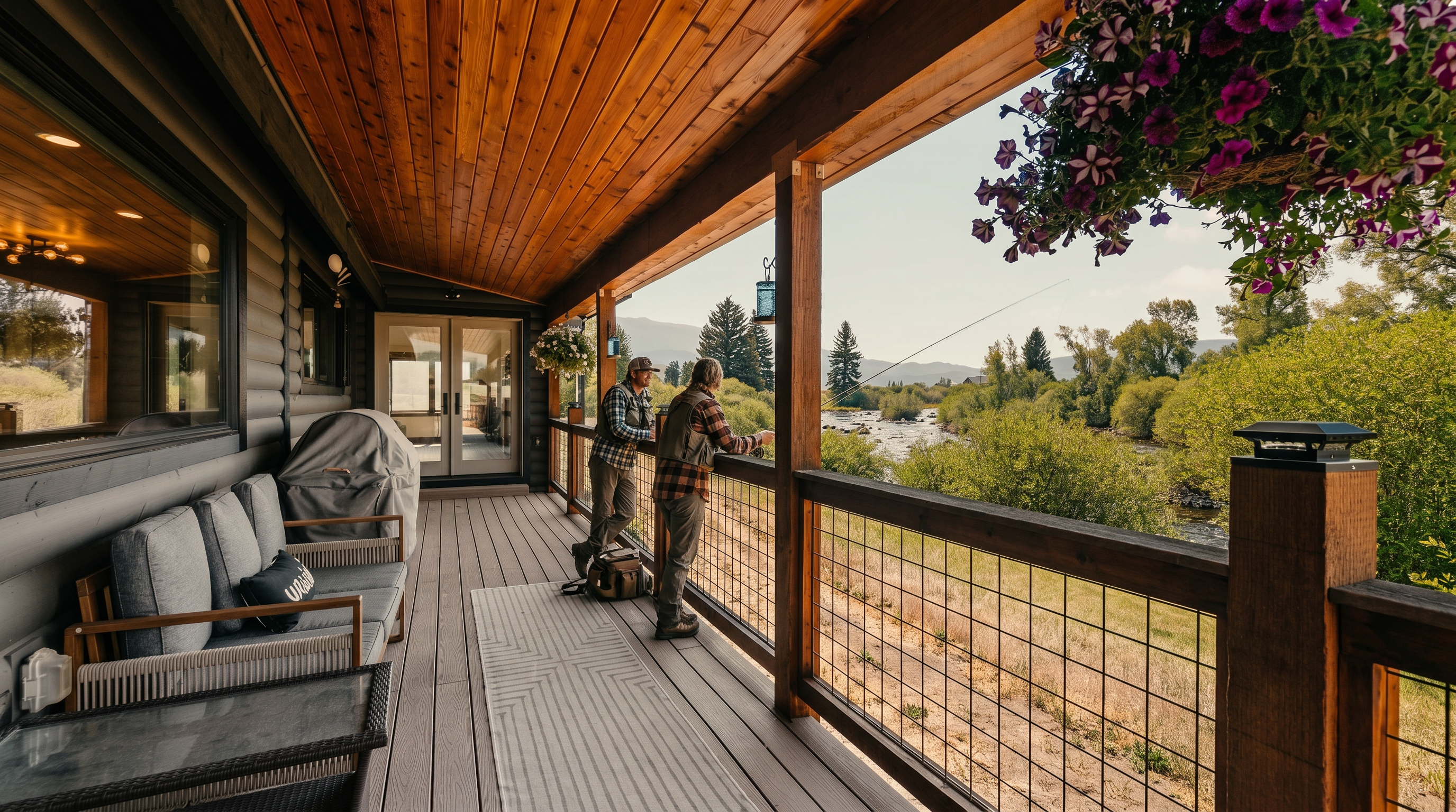 This expansive covered deck features a warm wood-paneled ceiling and a durable composite floor, creating a cozy outdoor living space. The deck is furnished with comfortable seating and a grill, while a wire-mesh railing provides an unobstructed view of the adjacent river and lush green landscape. A hanging basket of vibrant purple flowers adds a touch of color, enhancing the serene and picturesque atmosphere of this riverside retreat.