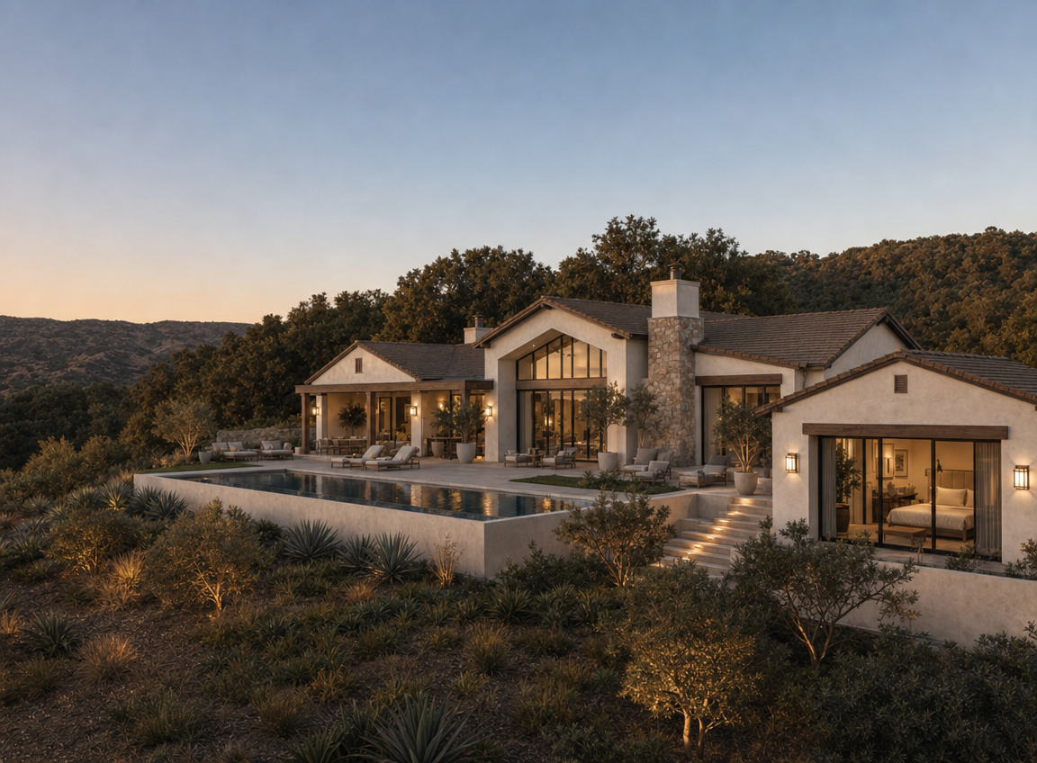 This stunning contemporary estate features a sprawling rear exterior with a massive infinity-edge pool as the centerpiece, set against a backdrop of rolling hills and native landscaping. The architecture blends rustic stone and stucco textures with modern floor-to-ceiling glass, offering seamless indoor-outdoor living through multiple patio lounge areas. Elegant landscape lighting highlights the terraced grounds, creating an inviting and luxurious atmosphere at twilight.