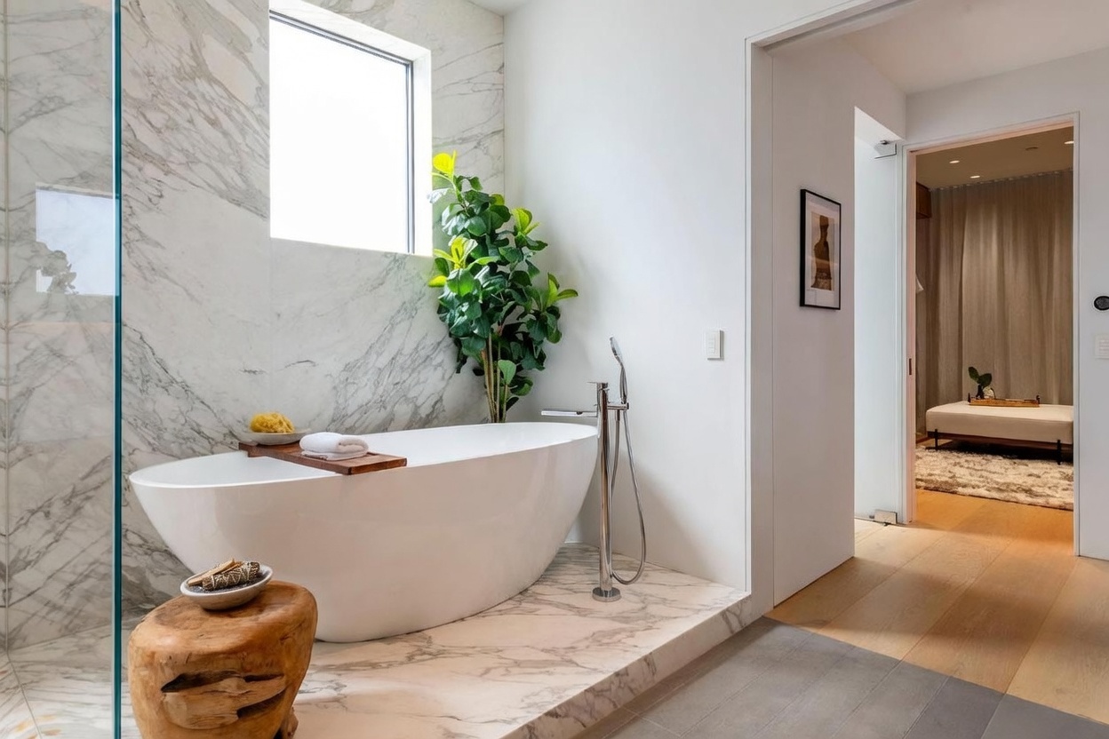 This modern primary bathroom features a sleek, freestanding soaking tub set against a wall of large-format stone tiles. A natural wood stool sits in the foreground, while a tall indoor plant adds a touch of greenery next to the tub. The space flows seamlessly into an adjacent room, showcasing light wood flooring and a minimalist aesthetic.