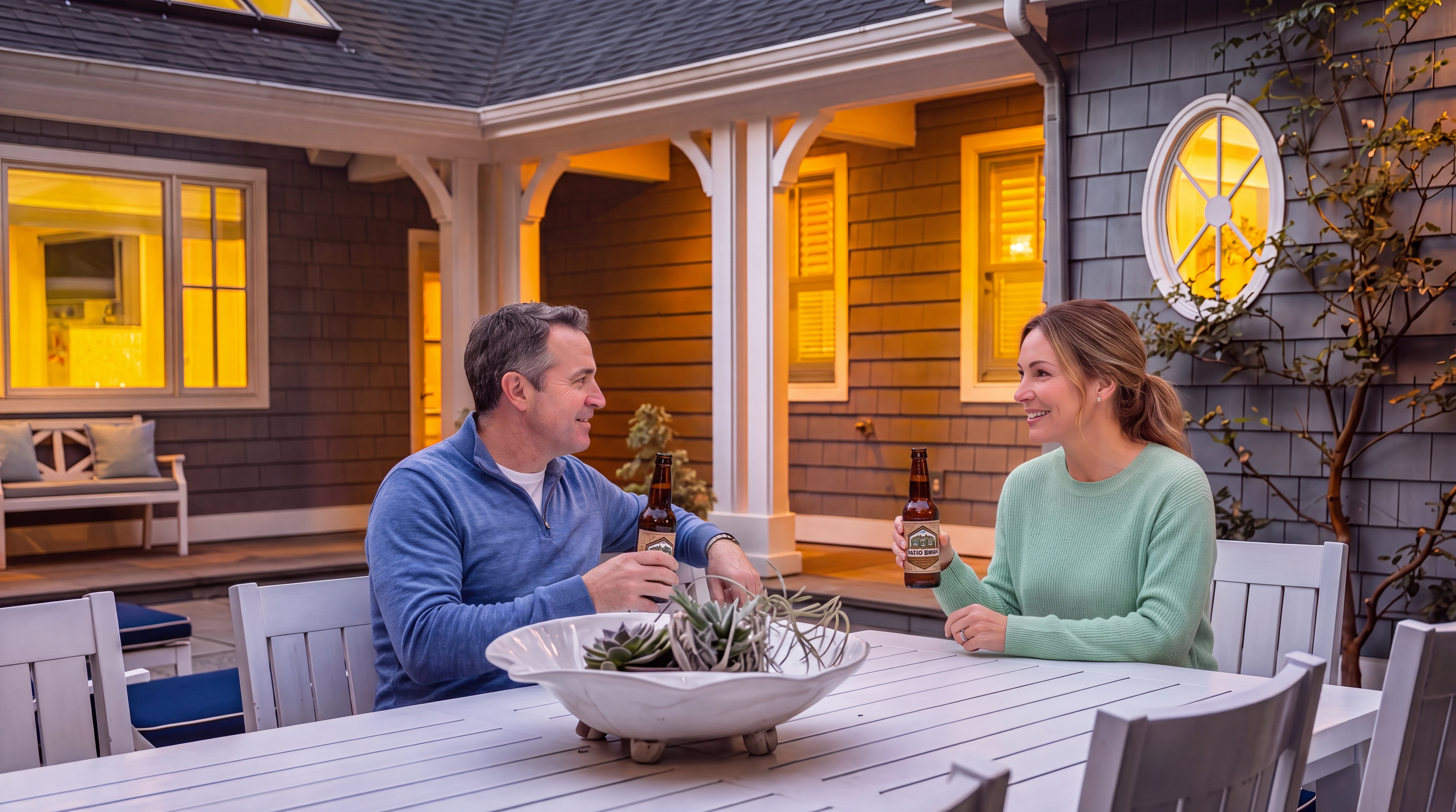 This inviting outdoor patio space features a large white dining set and lounge chairs arranged on a paved stone surface. The area is nestled within the L-shaped architecture of a gray-shingled home, illuminated by warm exterior lighting that highlights the covered porch and multiple windows. The scene captures a serene evening atmosphere, perfect for outdoor entertaining and relaxation.