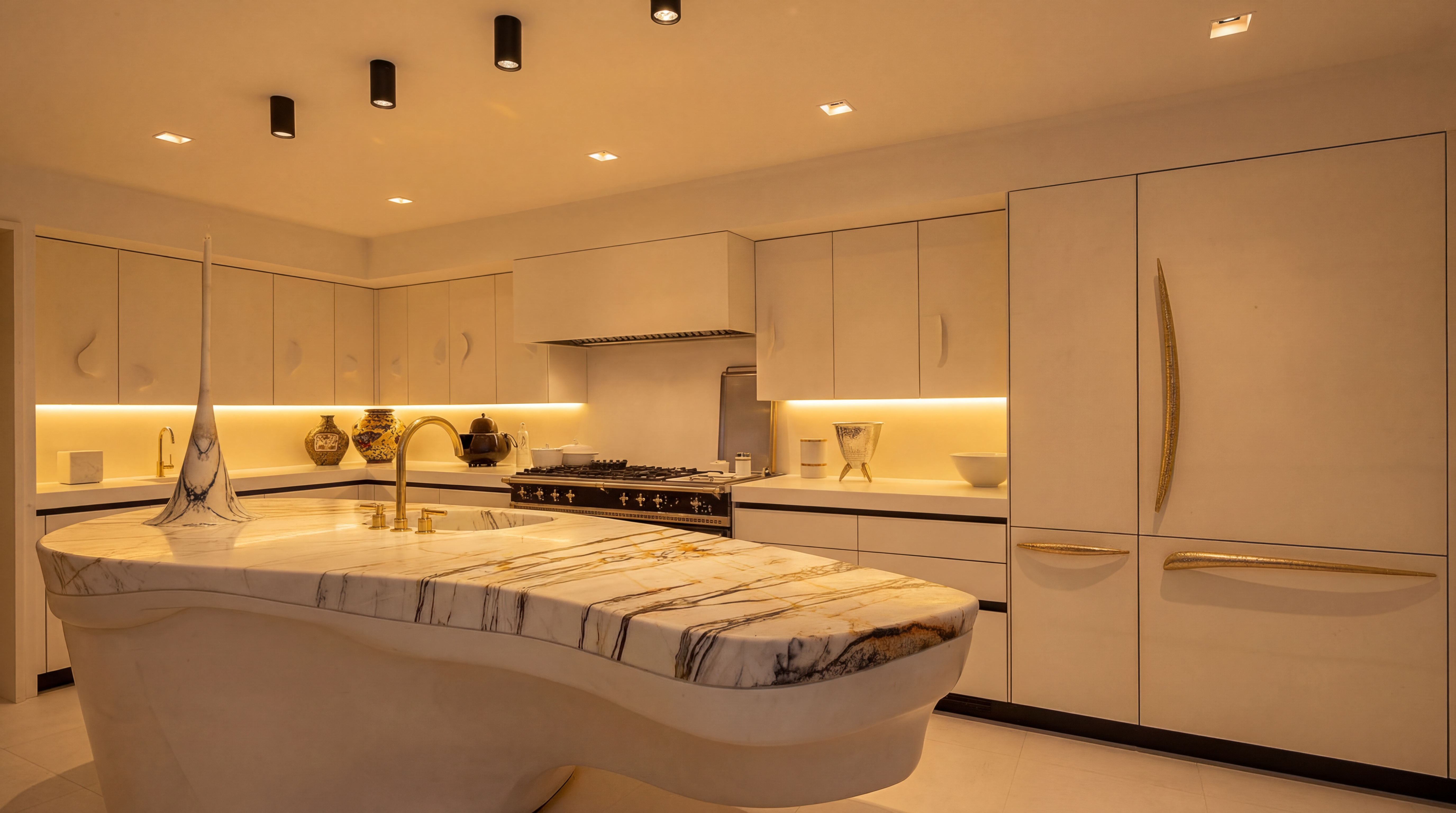 This stunning, sophisticated kitchen features a unique, custom-sculpted marble island with dramatic veining that serves as the room's centerpiece. The sleek, monochromatic cabinetry is accented by warm gold hardware and recessed lighting, creating a luxury atmosphere. High-end modern appliances and polished finishes define this meticulously designed culinary space.