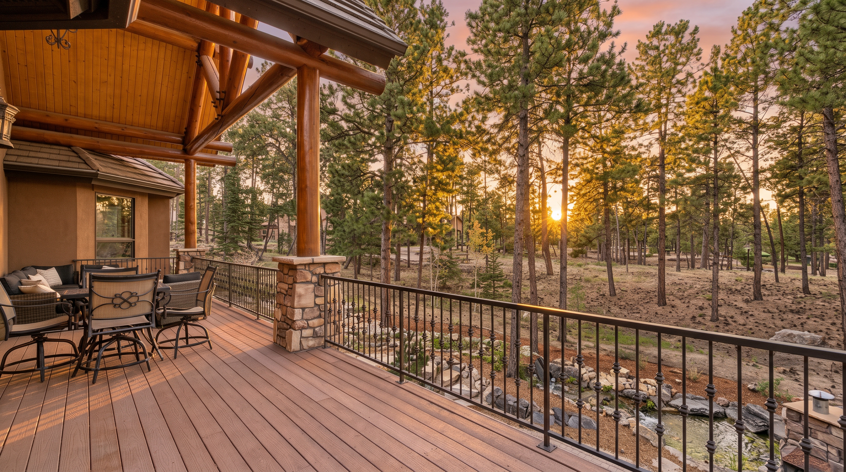 This spacious elevated deck features composite wood-look decking and a sturdy black metal railing, offering a panoramic view of a wooded landscape. A covered section with heavy timber posts and a stone-clad base provides a shaded area for outdoor dining, complete with a comfortable patio furniture set. The perspective captures the seamless transition between the home's rustic architectural elements and the natural forest setting beyond.