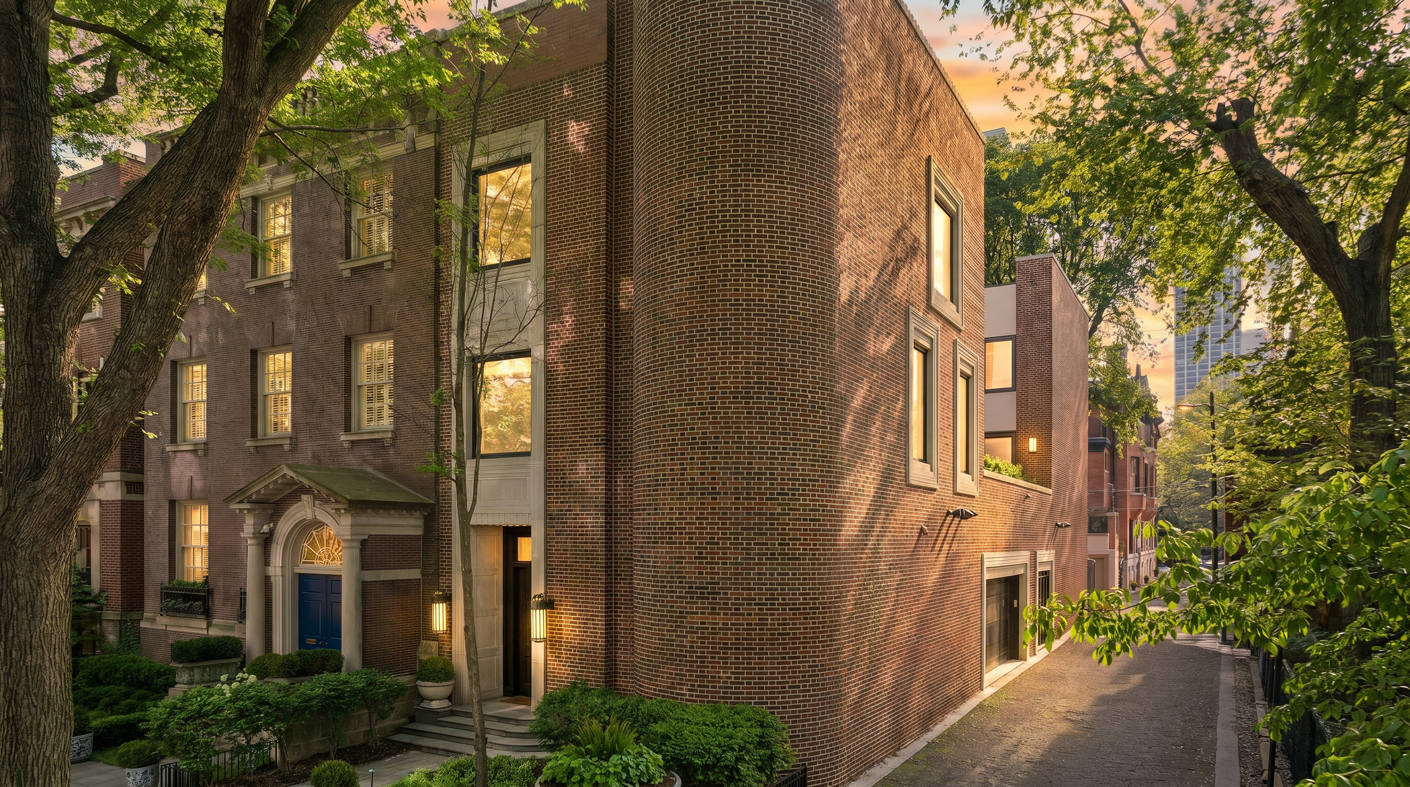 This image captures a sophisticated multi-story brick residence featuring a blend of traditional and modern architectural elements. The facade includes a classic blue-painted front door with a pedimented entryway, contrasted by a striking, curved brick corner section that leads into a side alleyway. Lush green landscaping, mature trees, and stone steps enhance the curb appeal, creating an inviting and upscale urban aesthetic.