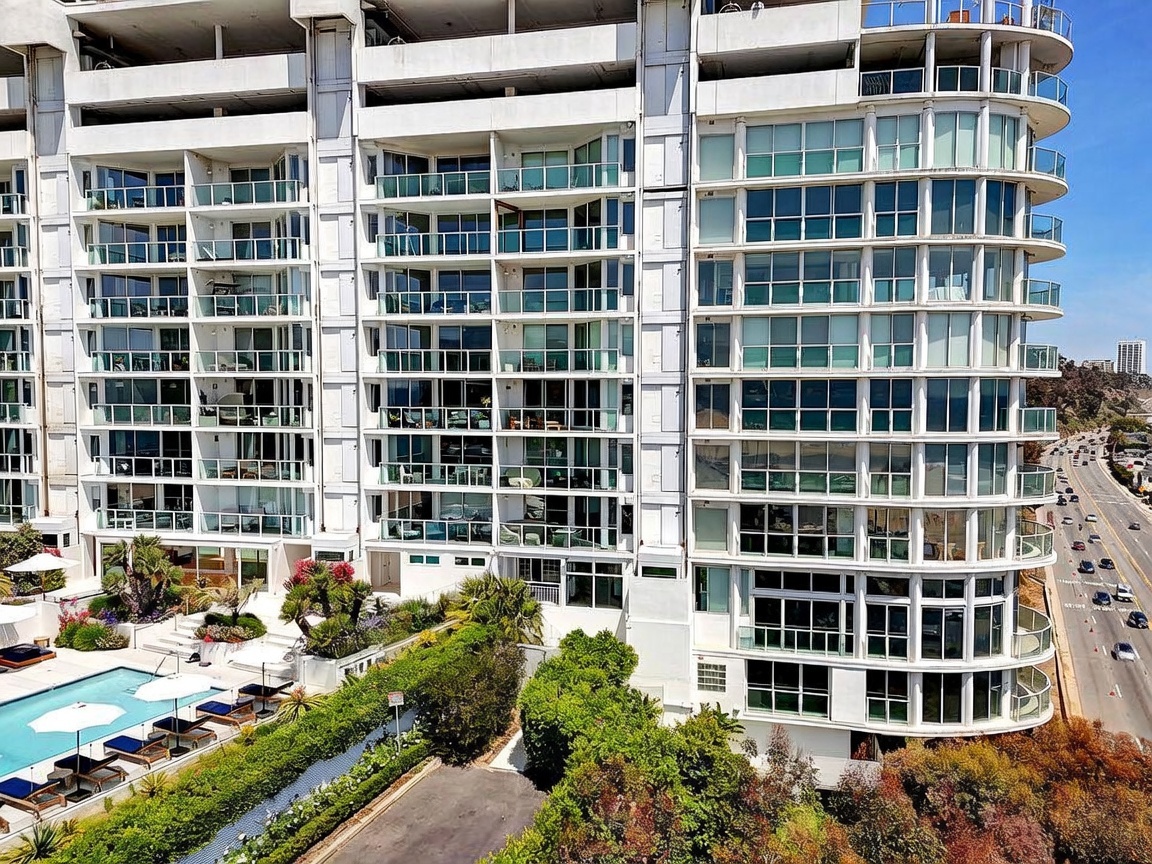 This high-angle exterior shot captures a multi-story residential building featuring a curved facade with extensive glass balconies and large windows. The property includes a landscaped pool area with lounge chairs and umbrellas at the base, adjacent to a lush green hedge and a road with light traffic. The perspective provides a comprehensive view of the building's architectural design and its proximity to the coastal environment.