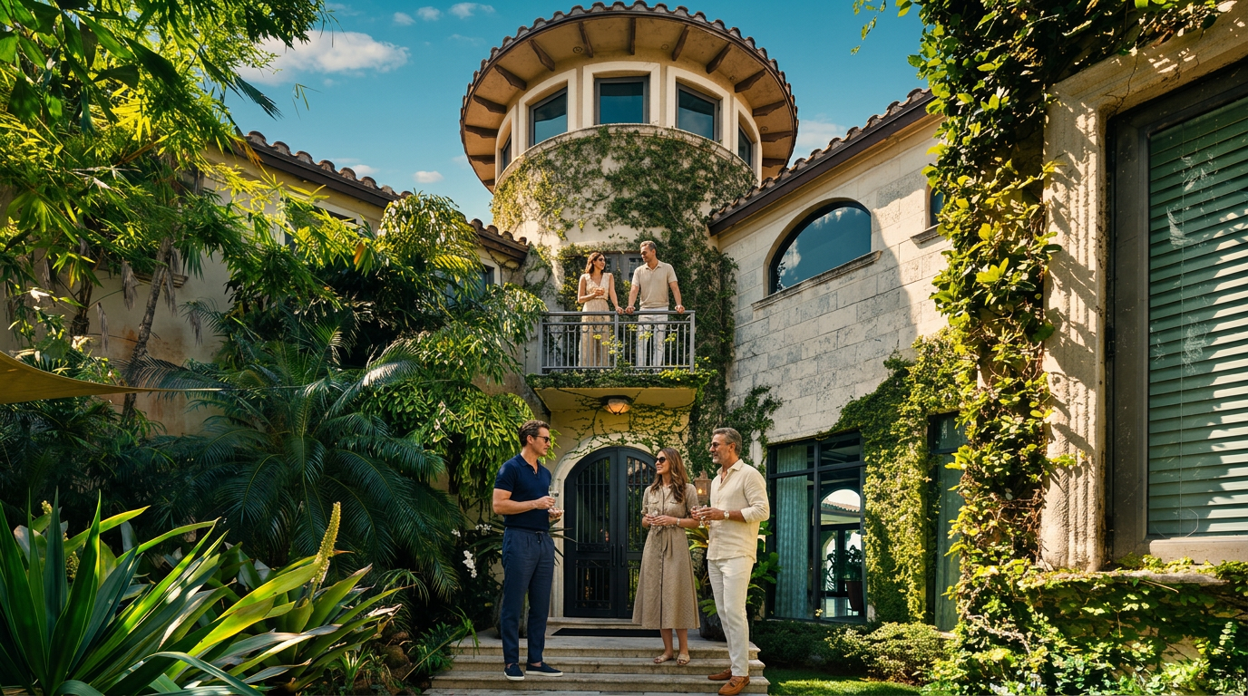 This striking Mediterranean-style home features a prominent central turret and a grand arched double-door entrance framed by lush, mature landscaping. The exterior is clad in light-colored stone, accented by climbing ivy and a wrought-iron balcony above the doorway. The perspective is a direct, eye-level shot that emphasizes the architectural symmetry and the inviting, verdant atmosphere of the property.