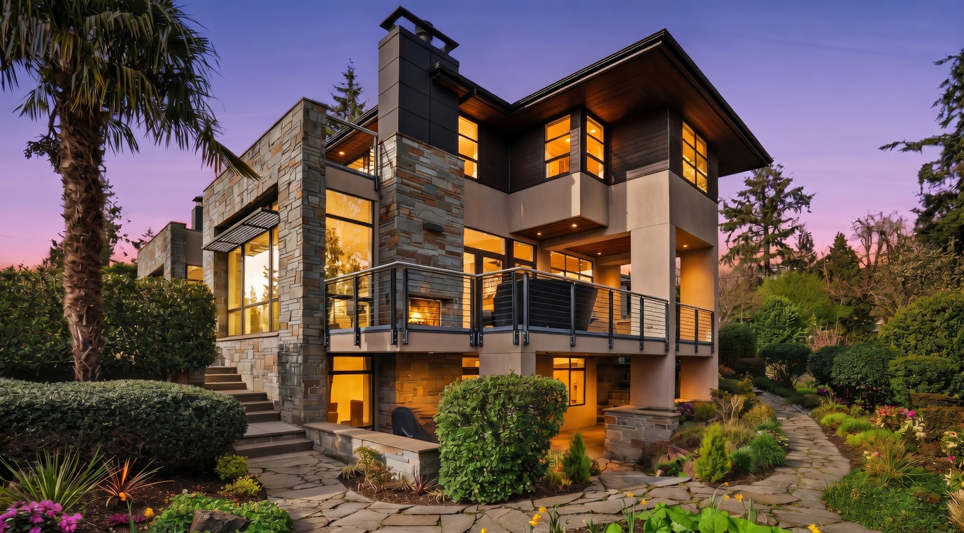 This contemporary multi-level residence features a striking blend of stone masonry, smooth stucco, and dark wood accents. The rear elevation showcases a spacious elevated deck with a metal railing, large windows that invite natural light, and a stone-clad chimney breast. A winding stone pathway leads through a lush, landscaped garden, creating a serene and sophisticated outdoor living environment at dusk.