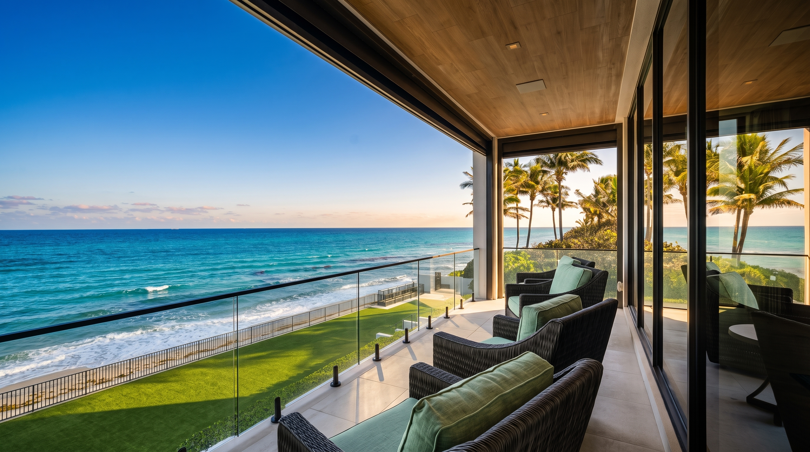 This expansive, covered balcony offers a direct, elevated view of the ocean and a manicured lawn below. The space is furnished with several dark wicker armchairs featuring light-colored cushions, arranged to face the water. The area is enclosed by a sleek glass railing and features a light wood-toned ceiling, creating a seamless transition between the indoor living space and the coastal environment.