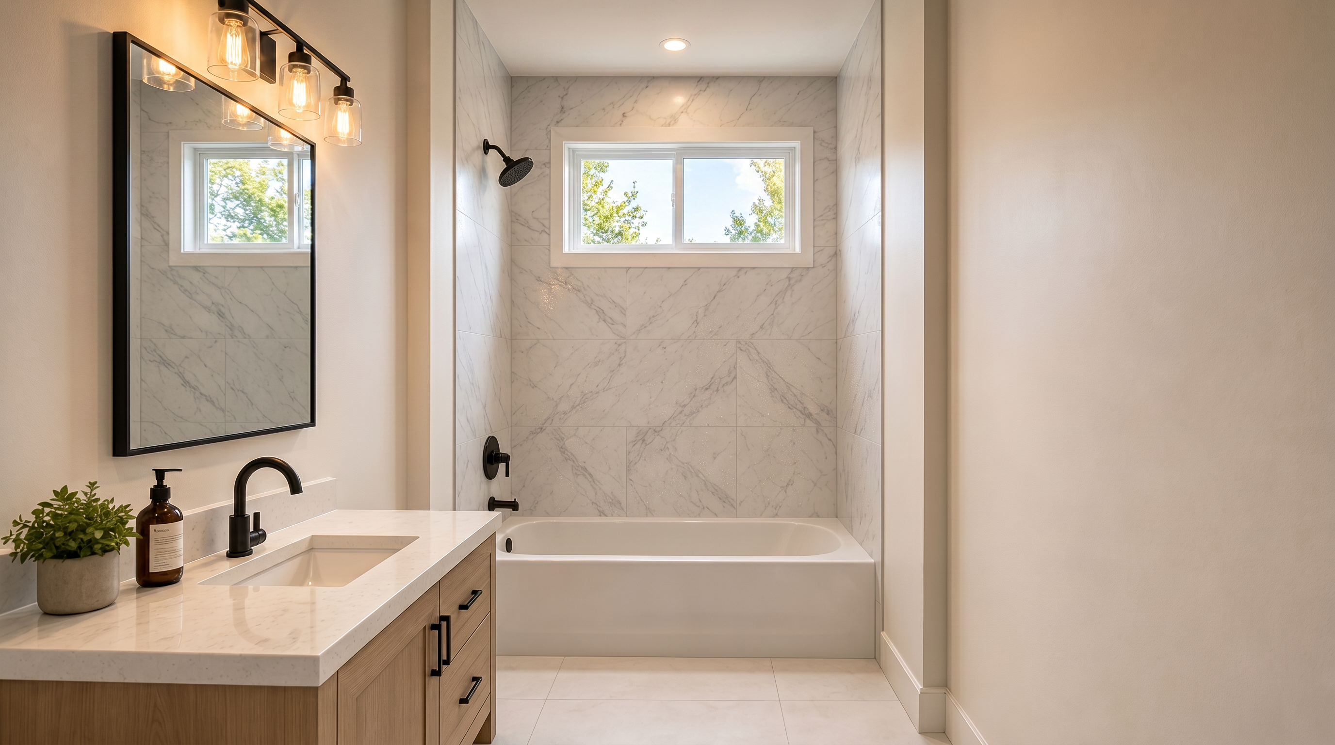 This image shows a bathroom under construction, featuring a standard bathtub alcove with a window. The walls are partially finished with drywall, and there is a piece of plywood positioned inside the tub area. The space is ready for final finishes, such as tiling and trim, providing a clean slate for customization.