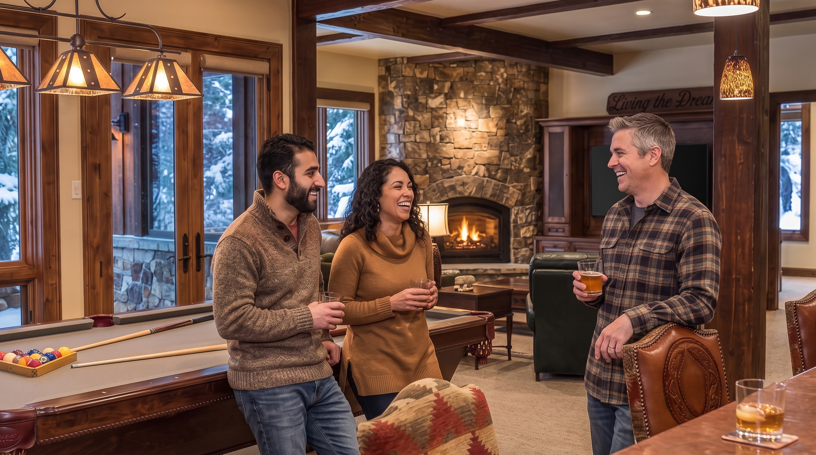 This spacious, open-concept living area features a warm, rustic aesthetic with a stone fireplace, exposed wood ceiling beams, and rich wood trim. The room includes a recreational space with a billiards table, making it an ideal setting for entertaining. With natural light streaming through large windows and comfortable seating, the space feels inviting and well-suited for social gatherings.