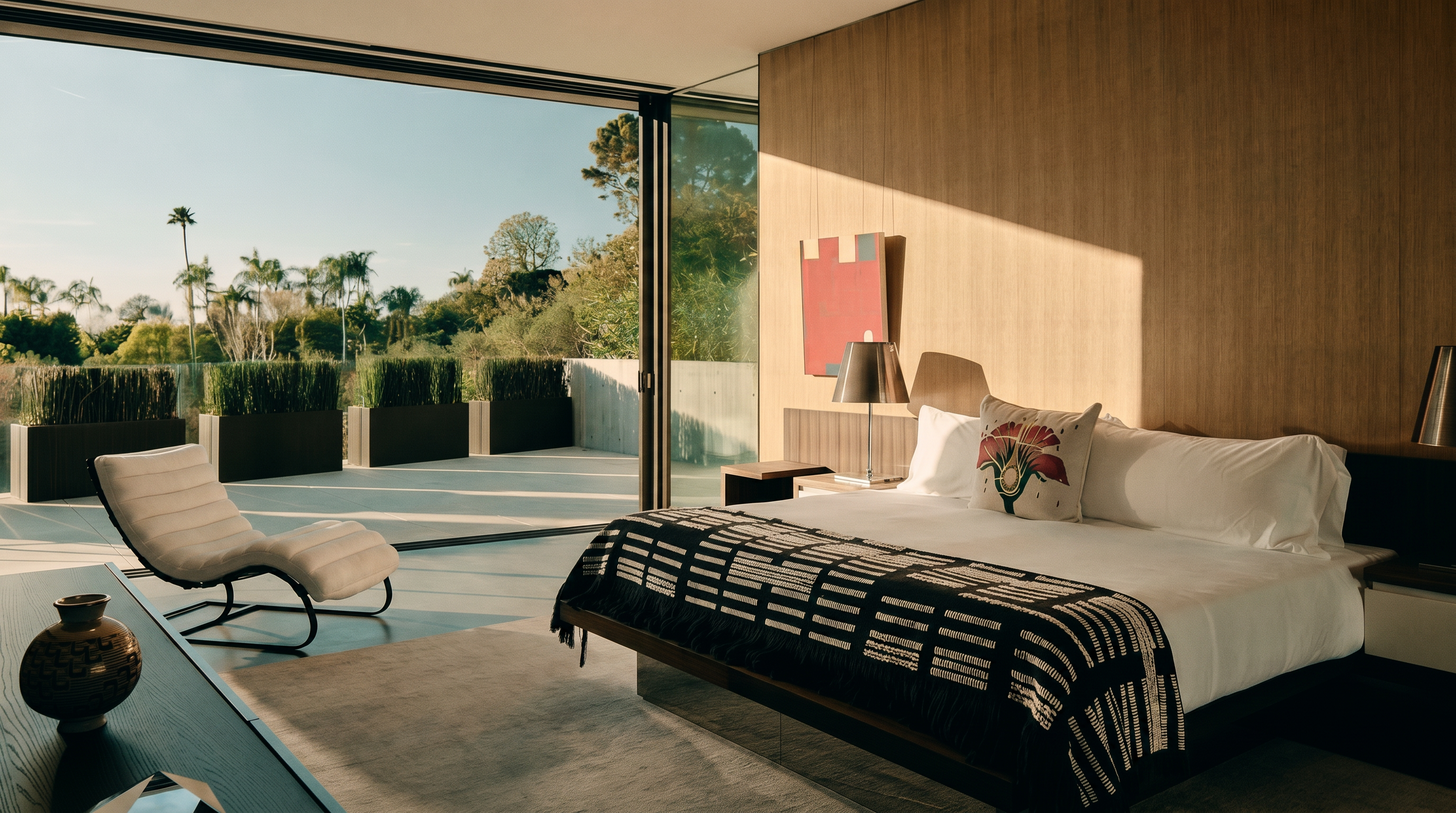 This sophisticated primary bedroom features a seamless transition to an expansive outdoor terrace through floor-to-ceiling glass sliding doors. The room is anchored by a platform bed with a striking black-and-white patterned throw, complemented by warm wood-paneled walls and a minimalist aesthetic. A sleek lounge chair sits near the window, creating a serene and luxurious atmosphere that emphasizes indoor-outdoor living.