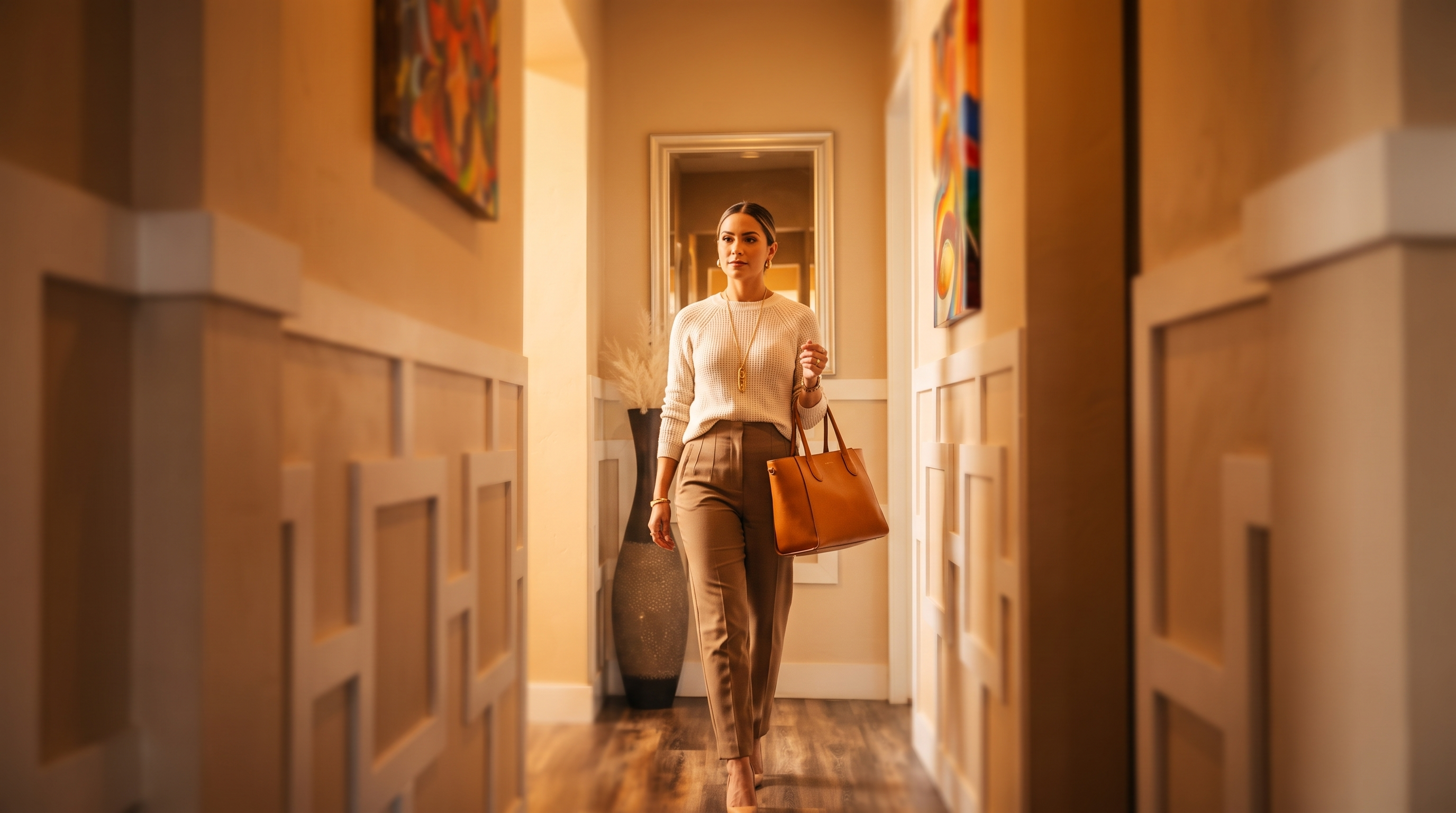 This interior hallway features striking geometric wainscoting that adds architectural interest and texture to the space. The area is illuminated by warm recessed lighting, complemented by vibrant abstract artwork and a sleek floor vase. With its modern design and rich wood-toned flooring, this hallway creates an inviting and sophisticated transition between rooms.