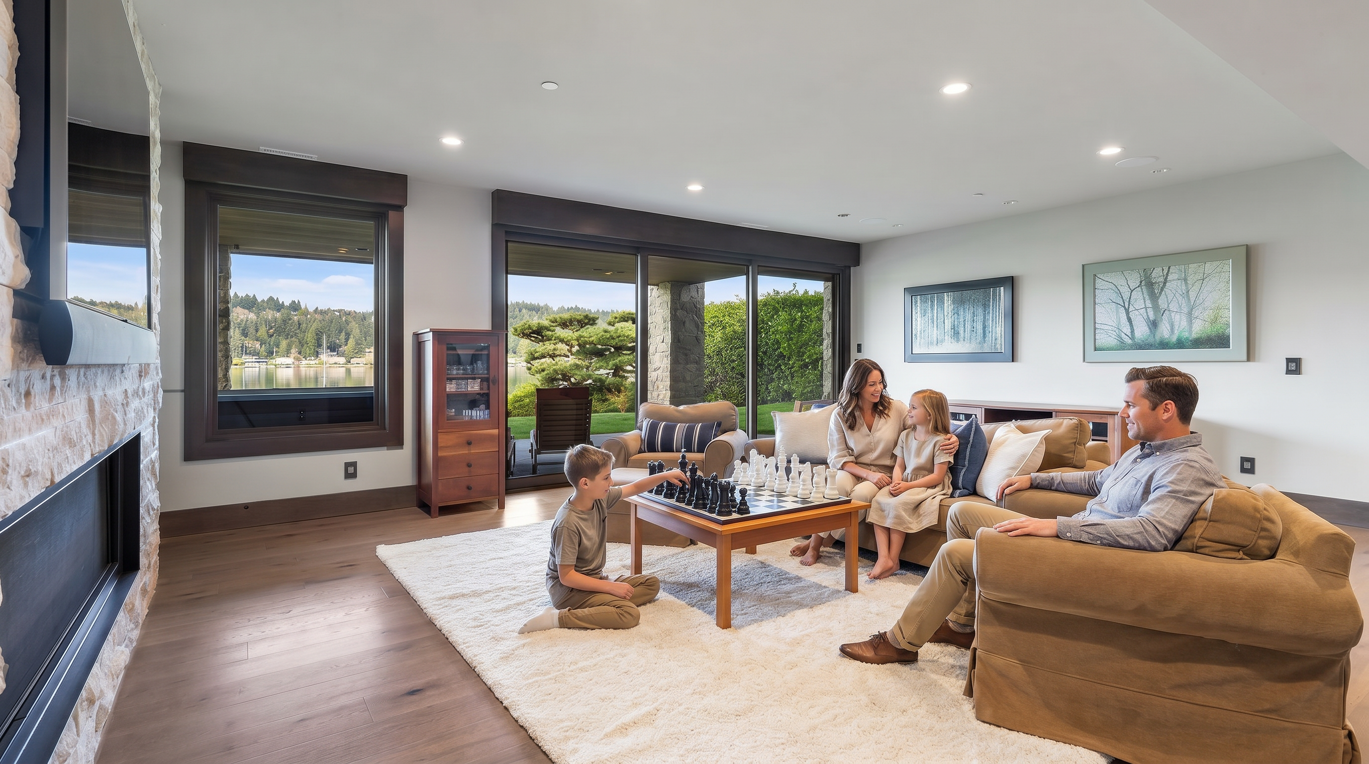 This spacious living room features light wood flooring, a neutral color palette, and a large, comfortable sectional sofa arranged around a central coffee table with a chess set. A prominent stone-clad chimney breast anchors the left side of the room, while large sliding glass doors provide a seamless connection to the outdoor patio and scenic water views. The space is illuminated by recessed lighting and decorated with framed landscape art, creating a serene and inviting atmosphere.