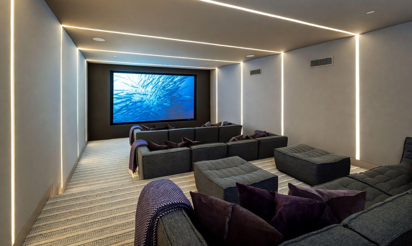 This image showcases a modern, tiered home theater room designed for immersive viewing. The space features multiple rows of dark gray sectional seating, plush ottomans, and a large projection screen set against a dark accent wall. Linear LED lighting strips integrated into the walls and ceiling provide a sleek, futuristic aesthetic, while the room is finished with neutral carpeting.