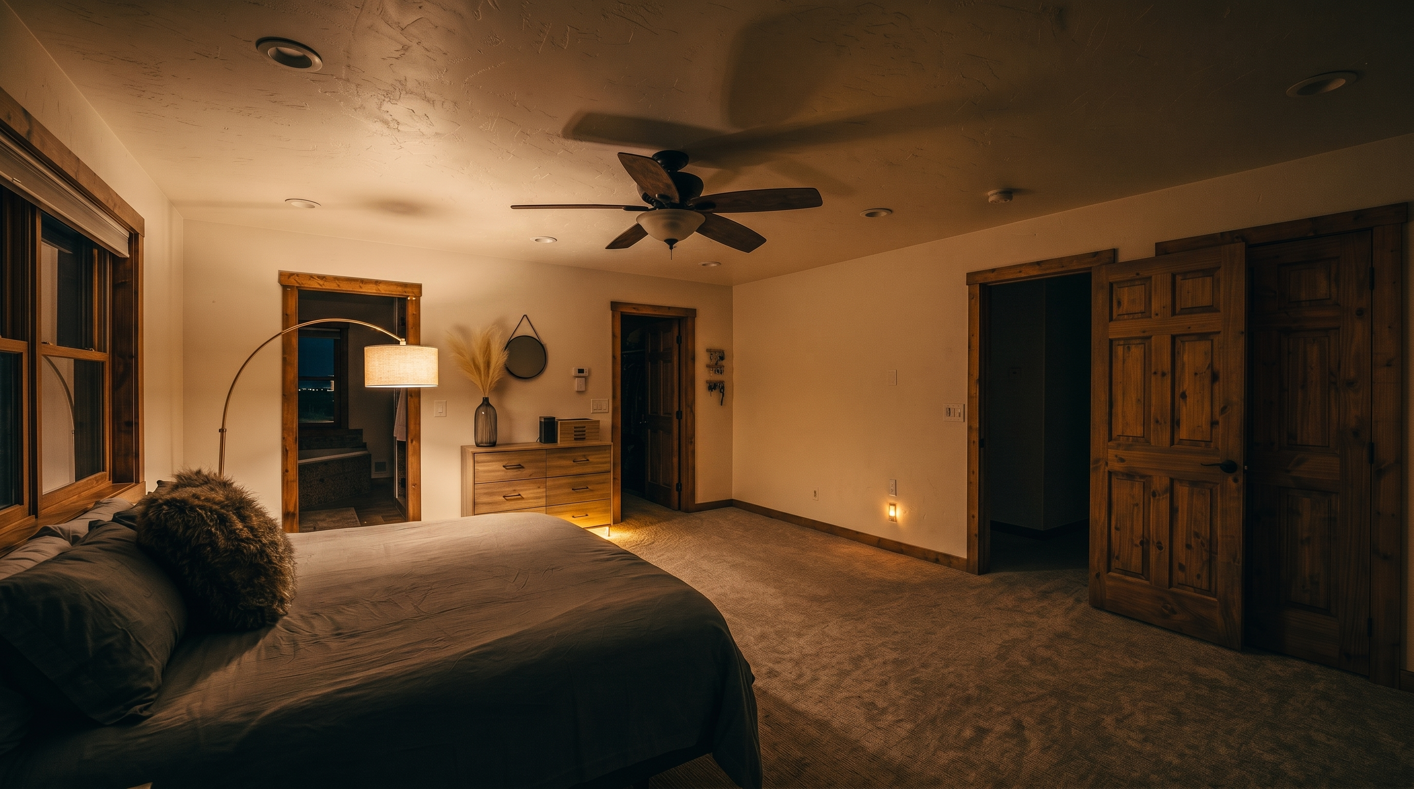 This spacious primary bedroom features neutral walls, light-toned carpeting, and a ceiling fan with a wooden finish. The room includes a wooden dresser, a walk-in closet, and a doorway leading to an adjoining bathroom with a view of the outdoors. The space is framed by warm-toned wooden door casings and baseboards, creating a cohesive and inviting atmosphere.