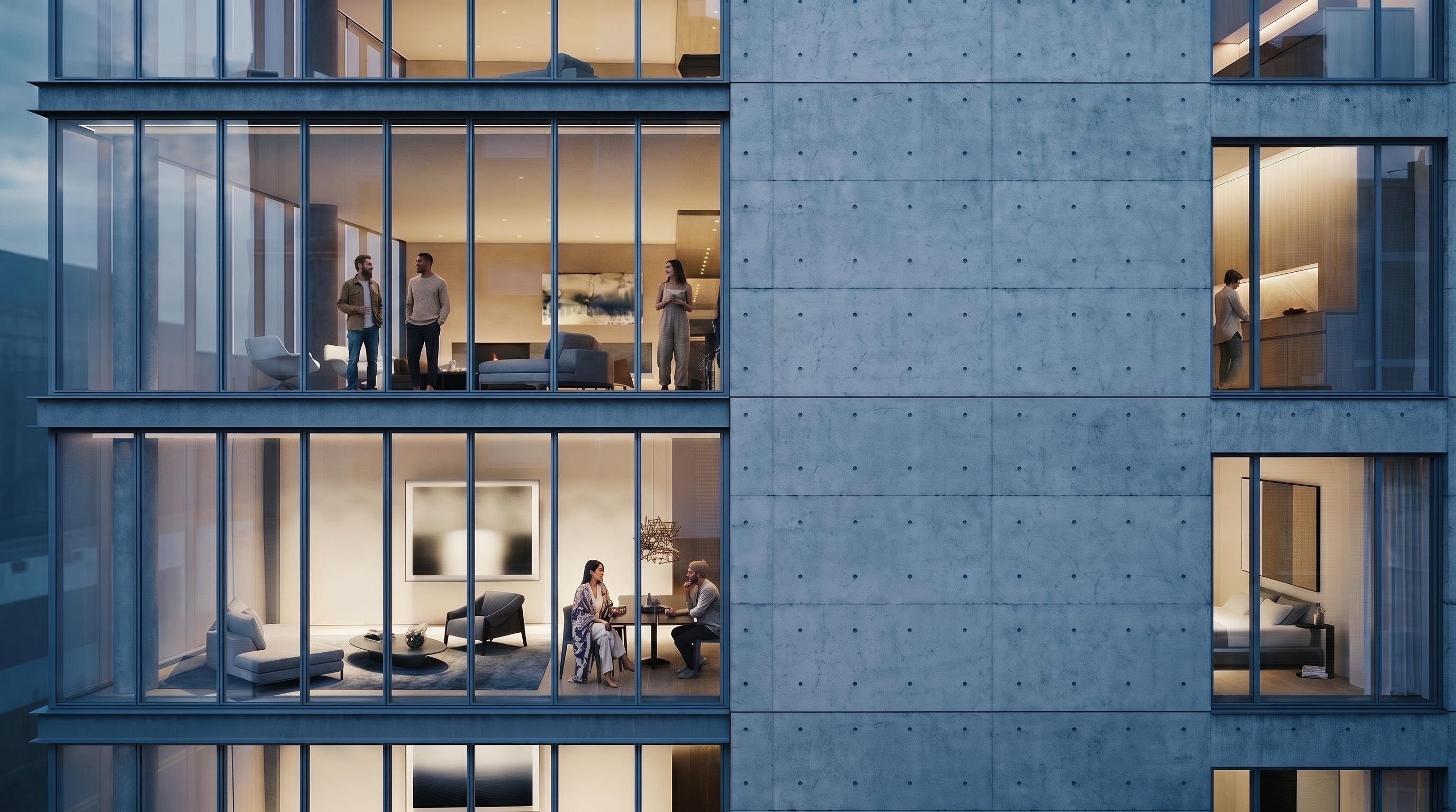 This modern building facade features a striking contrast between sleek, floor-to-ceiling glass paneling and raw, industrial-style concrete architectural elements. Through the large windows, well-appointed contemporary living spaces, including cozy lounge areas, dining rooms, and bedrooms, are visible. The design emphasizes a sophisticated, minimalist urban aesthetic that highlights high-end luxury residential living.