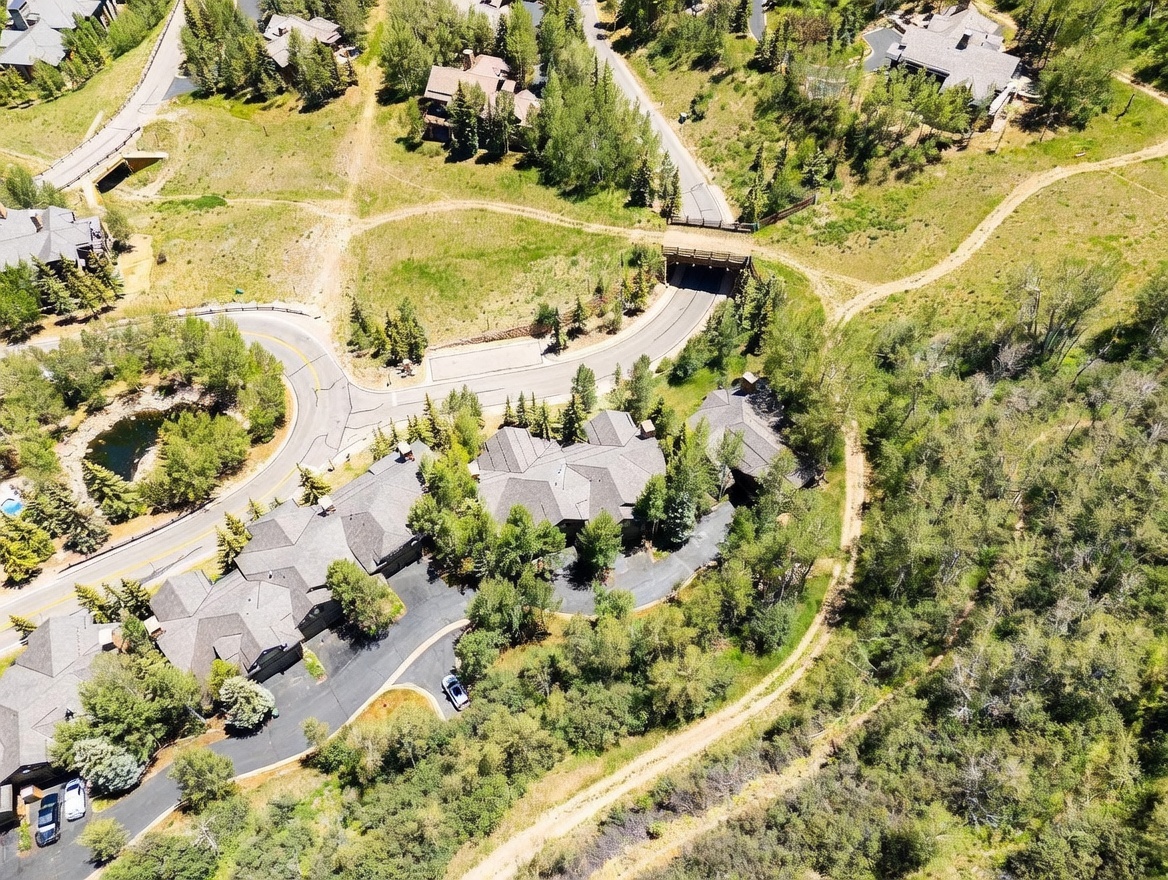 This high-angle aerial view captures a multi-unit residential complex nestled within a lush, forested mountain landscape. The property features dark-toned shingled roofs and winding paved driveways, surrounded by dense trees and natural terrain. A nearby road curves through the landscape, passing under a small bridge, emphasizing the secluded and scenic nature of the location.