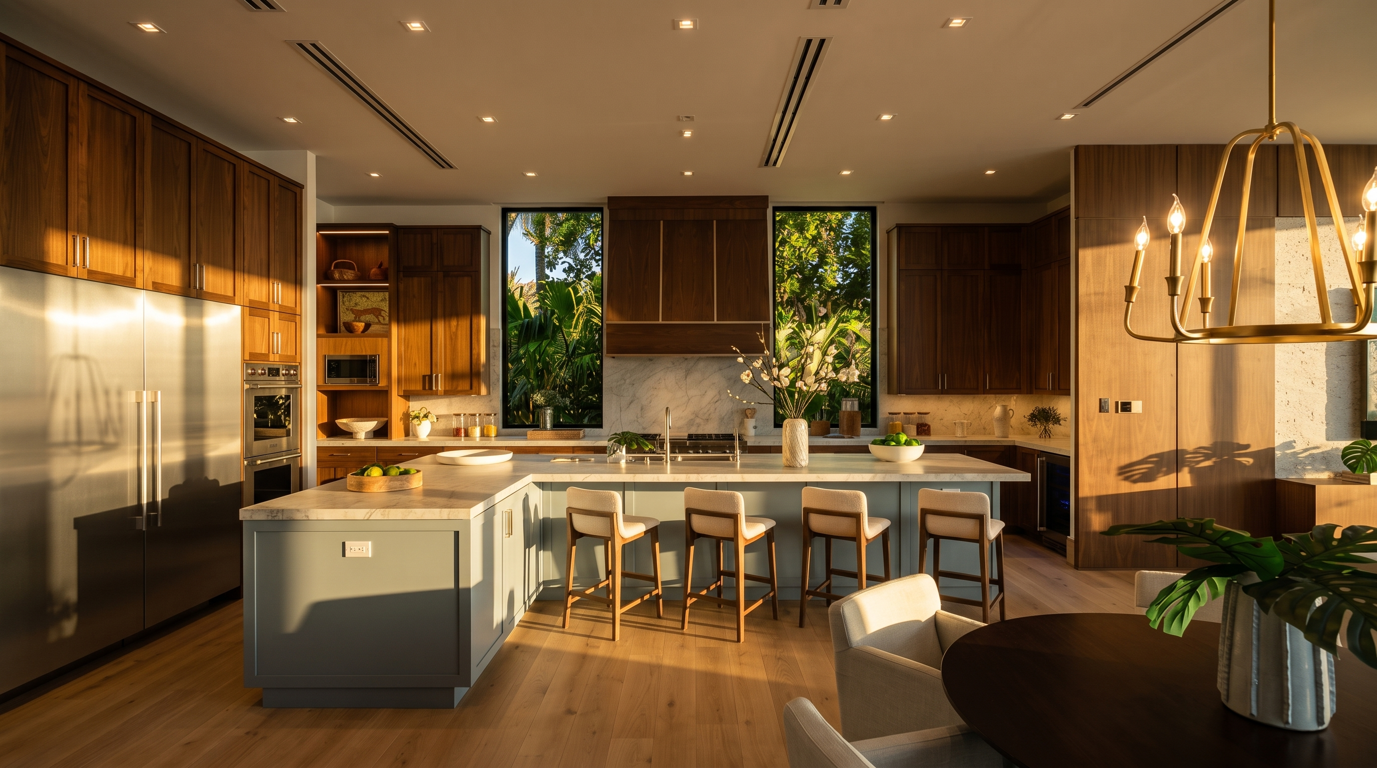 This modern kitchen features a large L-shaped island with light-toned stone countertops and integrated bar seating, complemented by warm wood cabinetry and stainless steel appliances. Two tall, narrow windows flank a central range hood, providing views of lush greenery outside and flooding the space with natural light. The room is finished with light wood flooring and a sophisticated gold-toned chandelier, creating an elegant and inviting atmosphere.