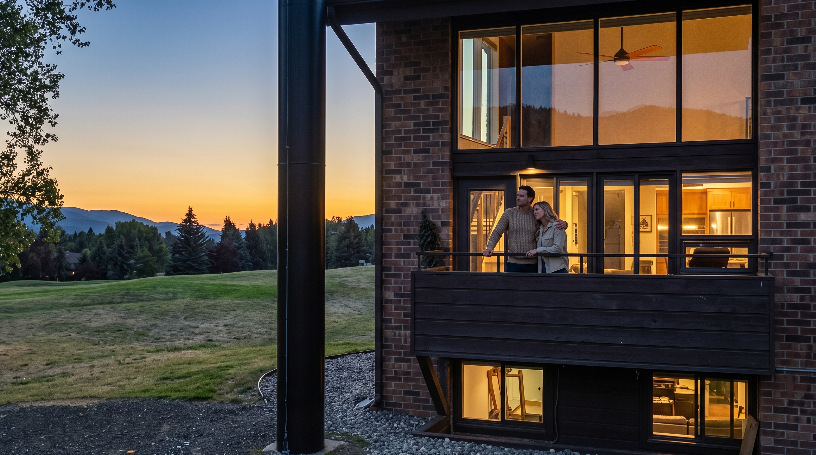 This modern multi-level brick residence features a spacious balcony where a couple is enjoying the sunset views over an expansive grassy landscape. The home is characterized by large, floor-to-ceiling windows that provide an airy, open feel, while the lower level includes walk-out basement windows. The combination of brick textures and dark trim elements creates a sophisticated and cozy atmosphere perfect for evening relaxation.