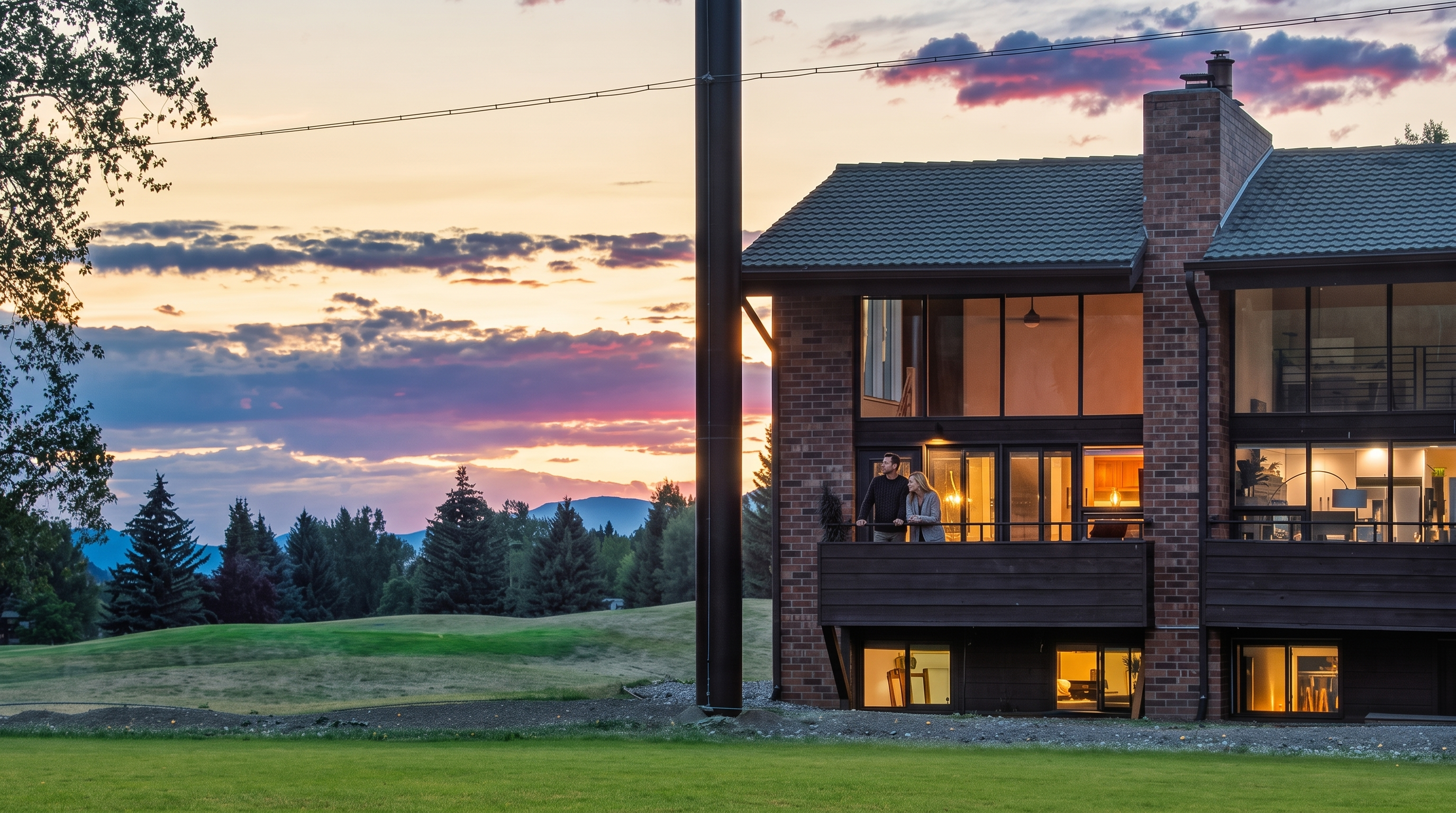 This stunning multi-story home features a unique blend of red brick and modern design, complemented by extensive floor-to-ceiling windows and a private upper-level balcony. A couple is captured enjoying the sunset from the balcony, which overlooks a tranquil golf course and mountain vistas, creating an inviting and peaceful atmosphere. The property's architectural aesthetic harmonizes beautifully with the scenic outdoor landscape, perfect for high-end real estate appeal.