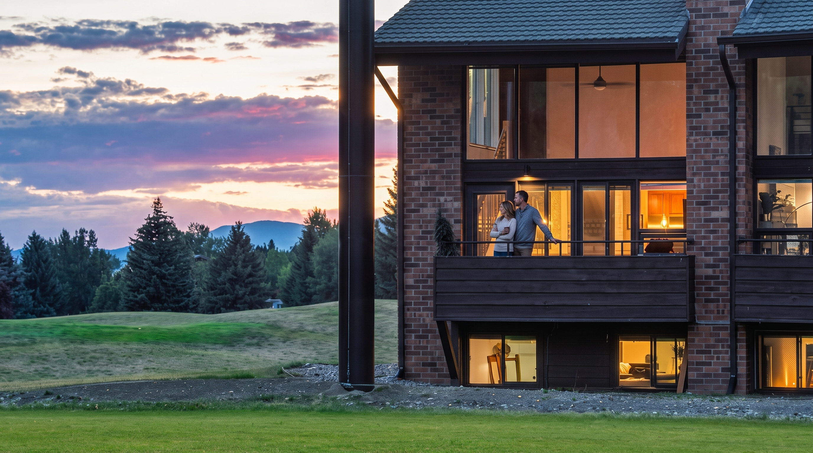 This stunning exterior view captures a multi-story brick residence at dusk, overlooking a lush green golf course with mountainous terrain in the distance. The property features a spacious wooden balcony where a couple is enjoying the sunset, alongside floor-to-ceiling windows and warm interior lighting that create an inviting and sophisticated atmosphere. Its thoughtful design blends rustic brick architecture with modern glass elements, highlighting the home's premier position and scenic landscape.