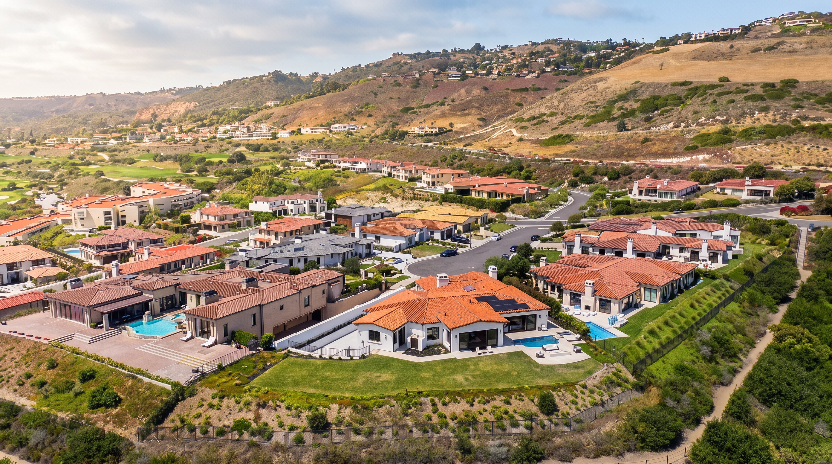 This high-angle aerial perspective captures a sprawling residential neighborhood nestled within a hilly, arid landscape. The focus is on a prominent single-story home with a terracotta-tiled roof, featuring a private swimming pool and a manicured lawn. The surrounding area showcases a dense collection of similar Mediterranean-style homes, winding streets, and expansive views of the rolling terrain under a clear blue sky.