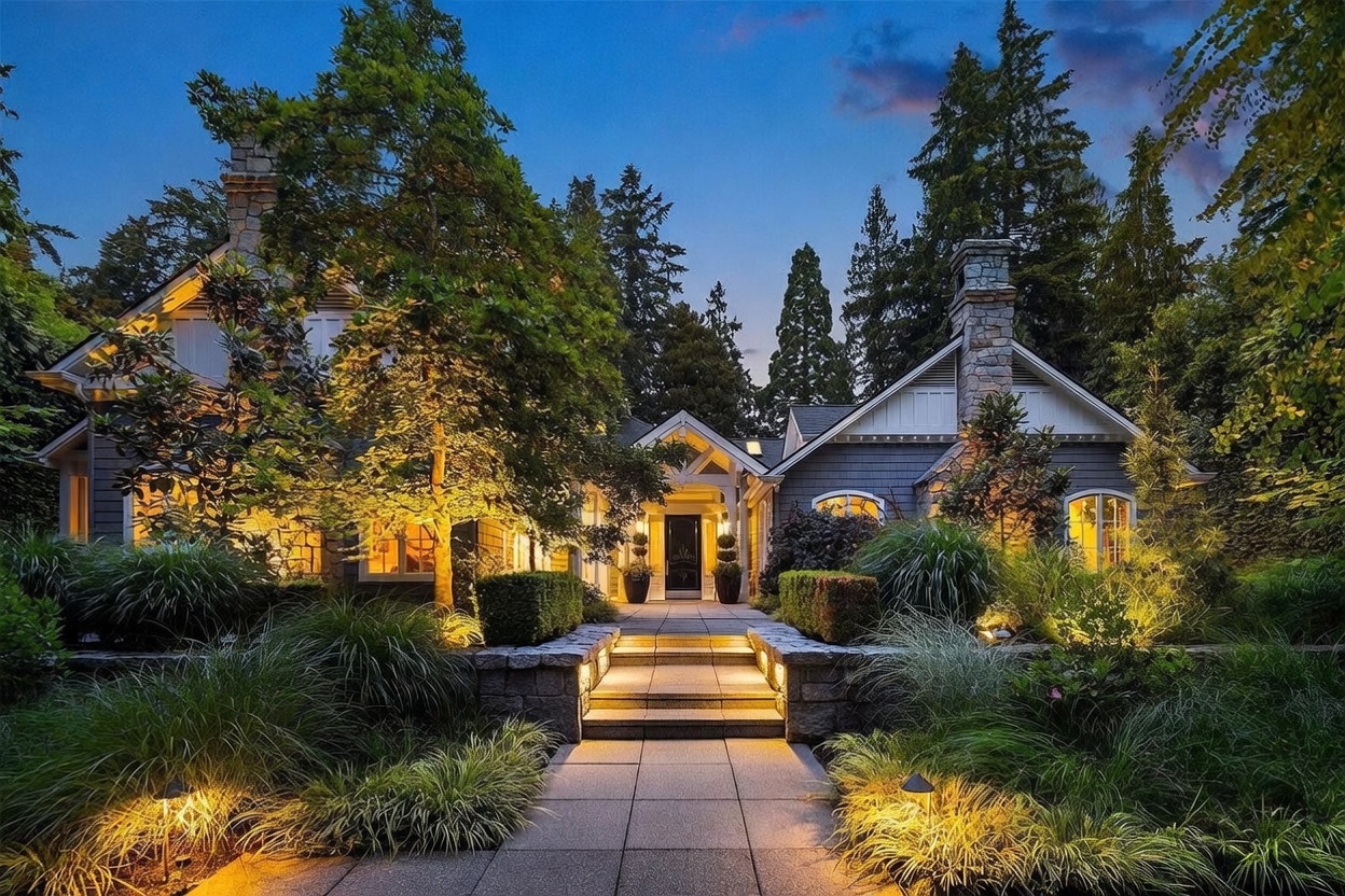 This stunning front exterior view captures a beautifully landscaped home at twilight, illuminated by warm, inviting landscape lighting. The symmetrical design features a central stone-paved walkway leading to a covered entryway, flanked by lush greenery and mature trees. A prominent stone chimney rises along the right side of the structure, adding architectural character to the gray-sided home.