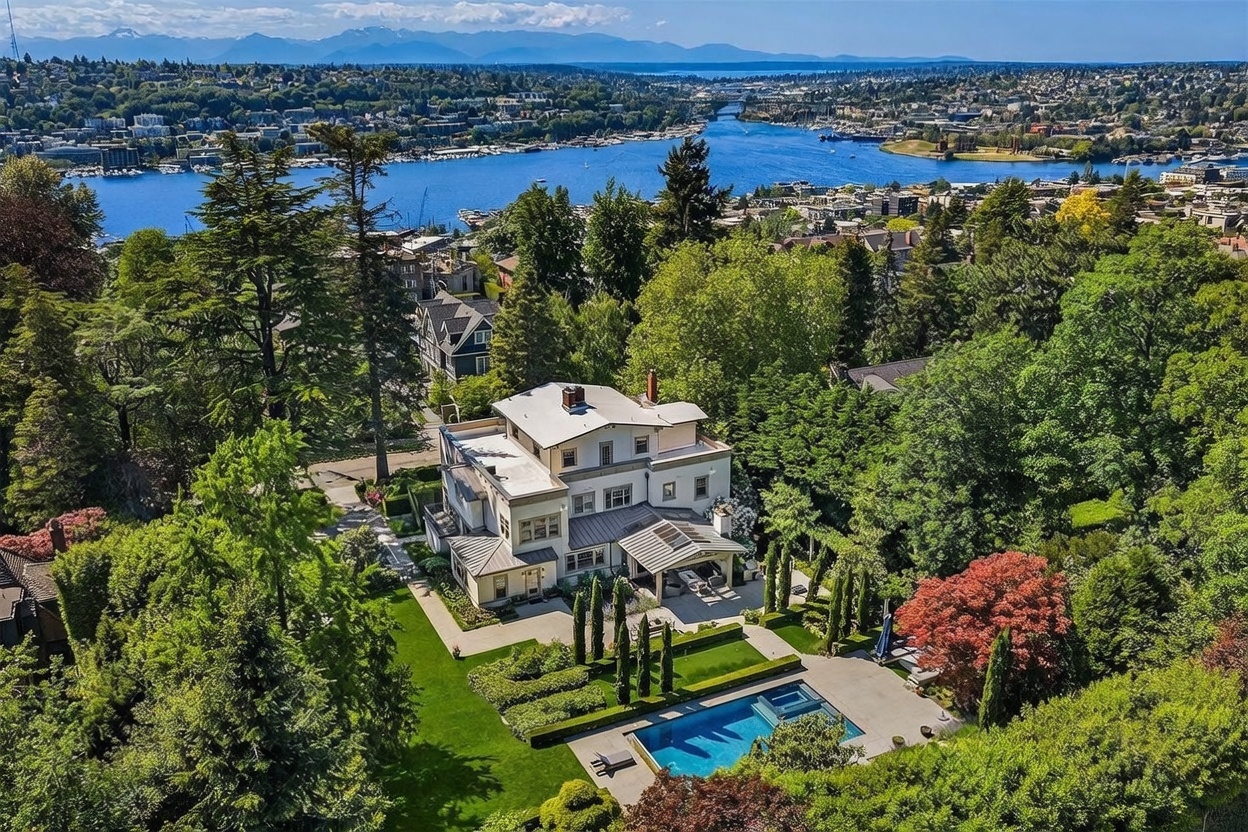 This high-angle aerial view captures a grand, multi-story residence nestled within a lush, tree-filled landscape overlooking a expansive blue lake and distant mountain range. The property features a meticulously manicured lawn, formal garden beds, and a rectangular swimming pool situated on a paved terrace. The home's classic architectural style is complemented by a covered patio area, creating a serene and luxurious outdoor living environment.
