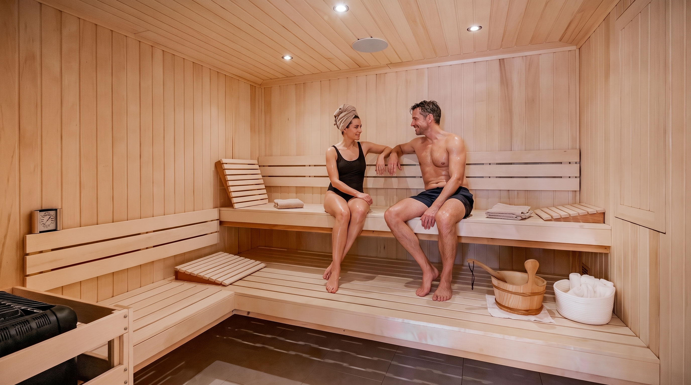This image showcases a traditional wood-paneled sauna, featuring multi-level bench seating and light-toned wood walls. A wooden bucket and ladle sit on the lower bench, while a small thermometer is mounted on the wall, creating an inviting and relaxing atmosphere. The perspective is a wide-angle interior shot that highlights the clean, minimalist design and the warm, natural aesthetic of the space.