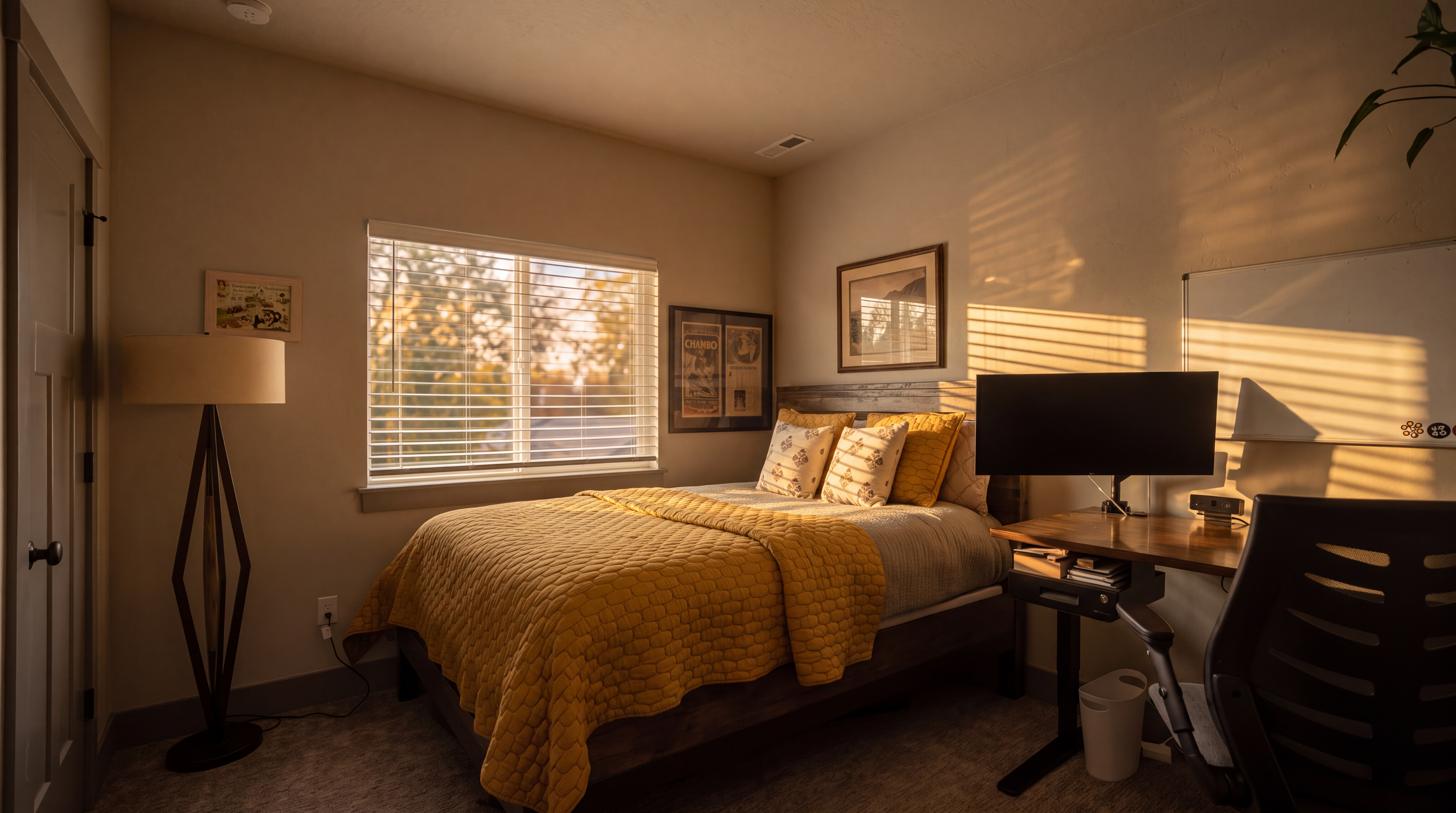 This cozy bedroom features a full-sized bed with a rustic wood headboard, dressed in a textured yellow quilt and patterned accent pillows. To the right, a dedicated workspace includes a desk, a black ergonomic chair, and a wall-mounted whiteboard, making it a functional multi-purpose room. The space is illuminated by a modern floor lamp and a central ceiling fixture, with a window providing natural light and a view of the outdoors.