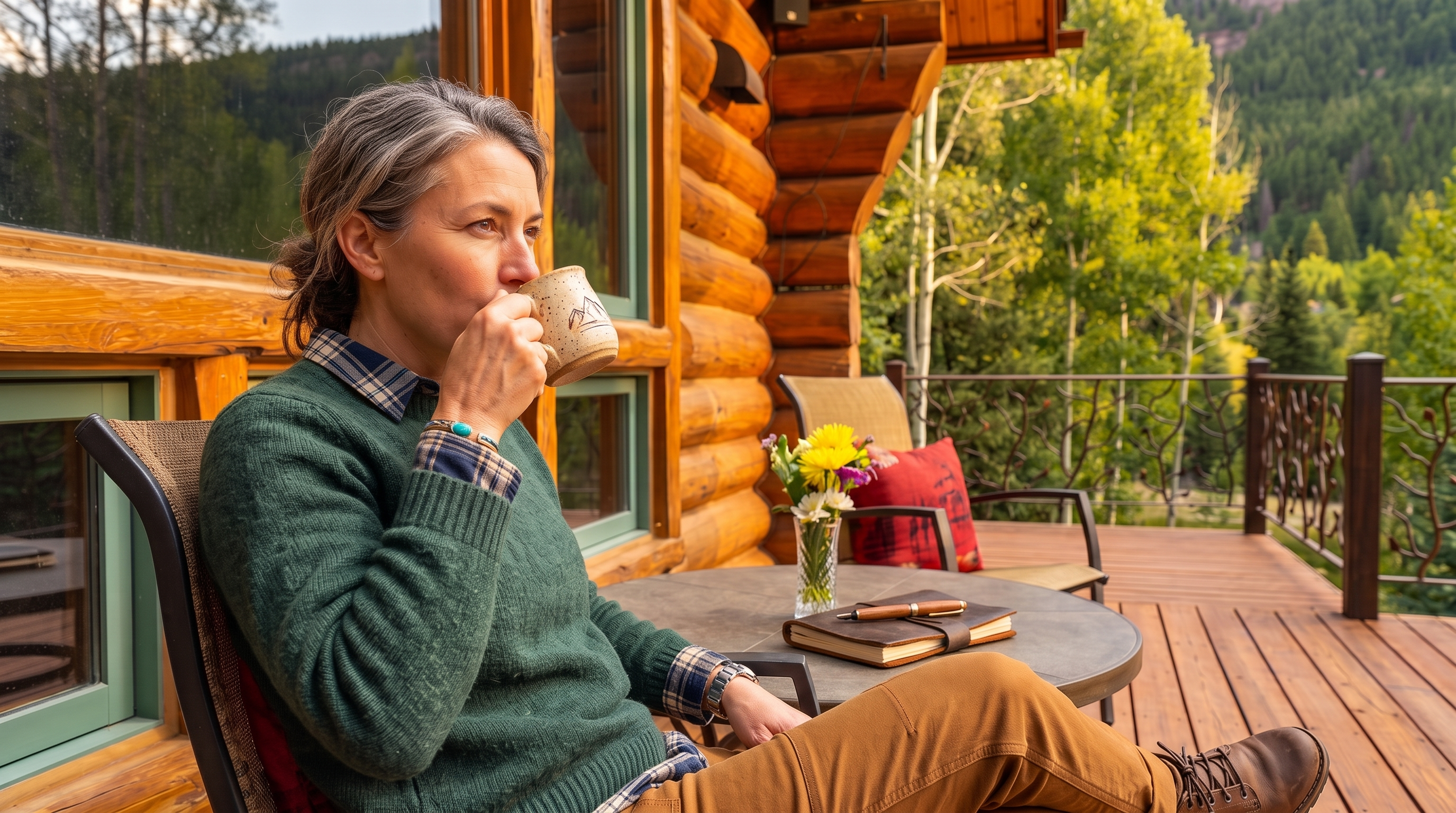This elevated wooden deck offers a serene outdoor living space attached to a rustic log-style home. The area is furnished with a small round table and two chairs, accented by red cushions and a patterned throw, overlooking a lush forest and mountain landscape. The deck features a decorative metal railing with a branch-like design, providing an unobstructed view of the surrounding nature.