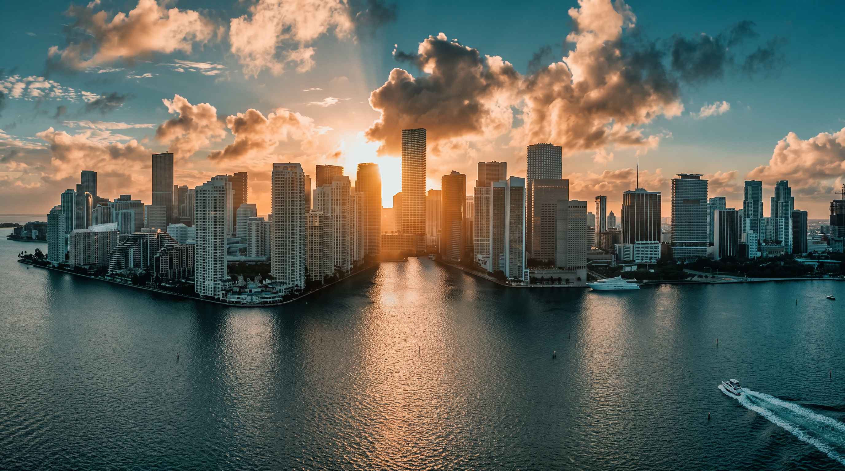 This wide-angle aerial shot captures the expansive Miami skyline at sunset, showcasing a dense cluster of high-rise residential and commercial towers. The perspective looks across a calm body of water, where a small boat leaves a wake, emphasizing the prime waterfront location. The warm, golden light of the setting sun creates a dramatic silhouette against the clouds, highlighting the city's vibrant urban landscape.