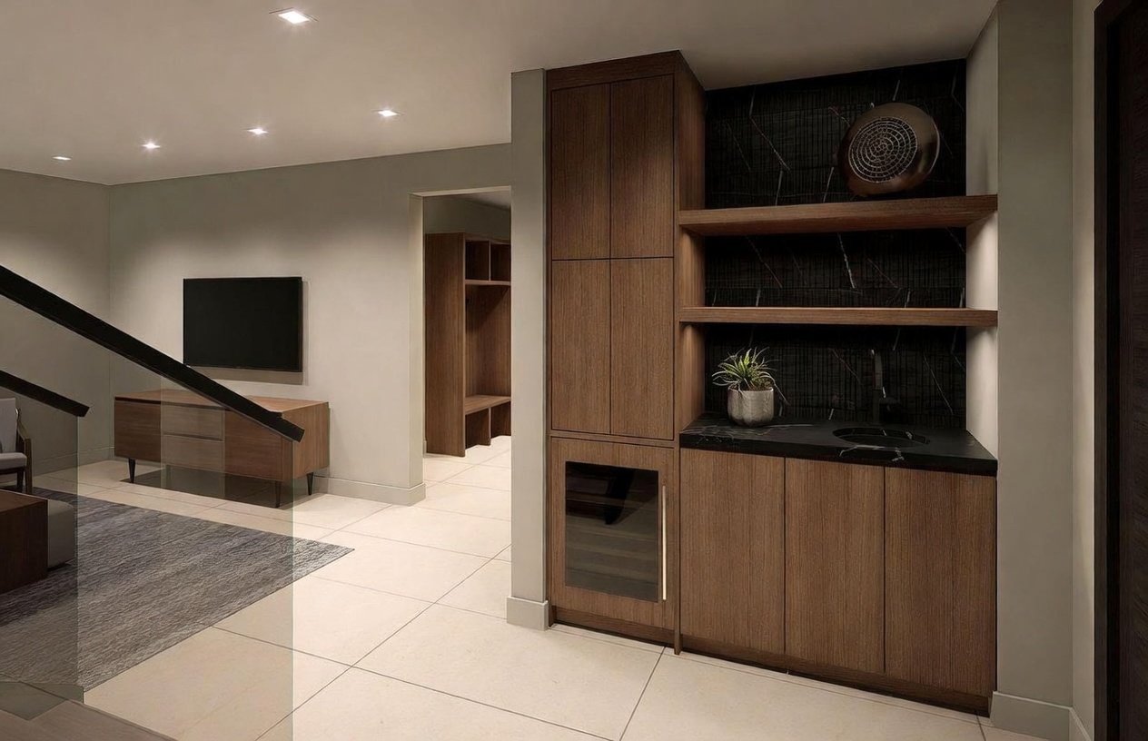 This interior view captures a modern transition space featuring a built-in wet bar with dark wood cabinetry, a stone countertop, and a small sink. To the left, a hallway leads toward a living area with a television and media console, while a glass-railed staircase is visible in the foreground. The space is finished with light-colored tile flooring and recessed lighting, creating a sleek and contemporary atmosphere.