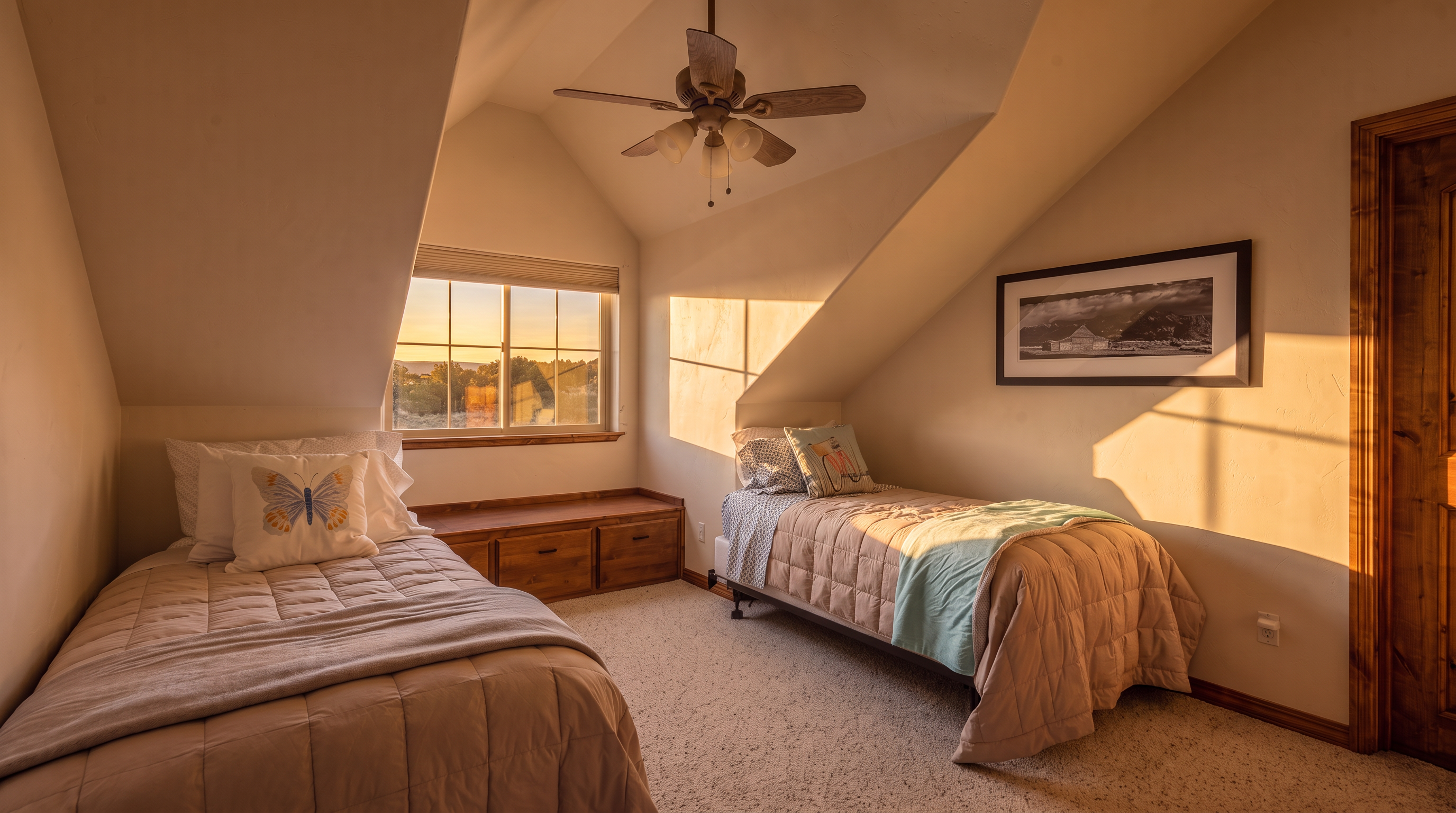This cozy bedroom features two twin beds, making it an ideal guest room or children's space. The room is accented by sloped ceilings, a functional built-in storage bench beneath an exterior-facing window, and soft carpet flooring. Its neutral color palette, complemented by tasteful wall art and natural light, creates a welcoming and tranquil atmosphere.