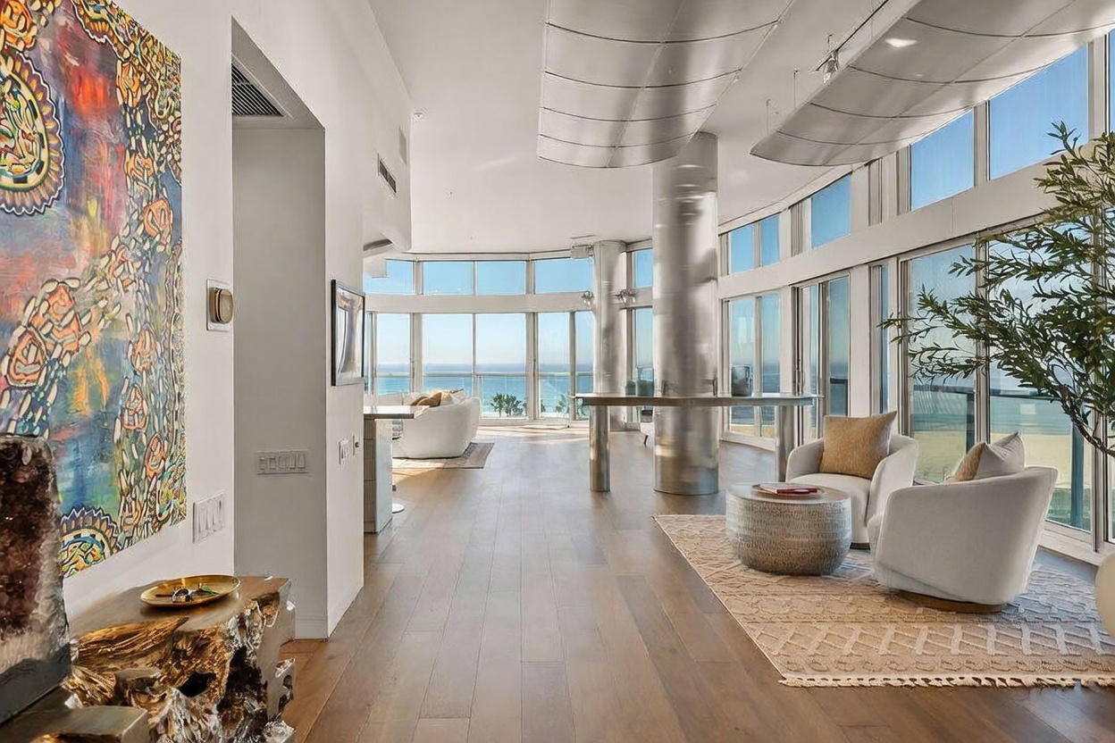 This expansive, modern living area features light wood flooring and a curved wall of floor-to-ceiling windows that provide panoramic ocean views. The space is furnished with two white armchairs, a textured area rug, and a metallic drum coffee table, complemented by a large, colorful abstract painting on the left wall. A unique, sculptural metallic ceiling feature adds a contemporary architectural element to the bright, open-concept room.