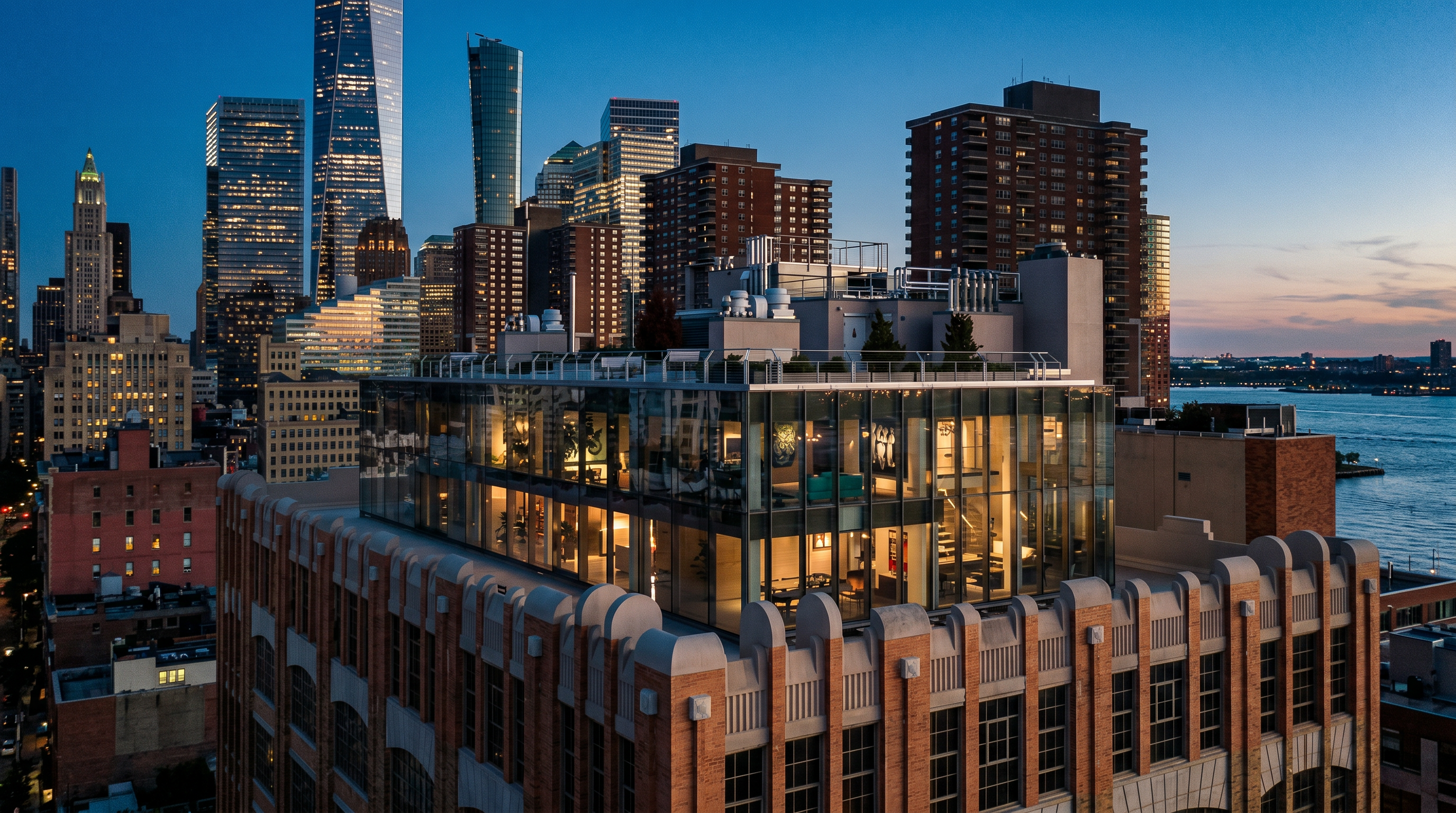 This high-angle aerial shot captures a historic brick building topped with a modern, glass-enclosed penthouse addition. The structure stands prominently against a deep blue twilight sky, with the iconic One World Trade Center and surrounding Manhattan skyline visible in the background. The contrast between the industrial brick facade and the sleek, illuminated glass penthouse creates a sophisticated urban aesthetic.