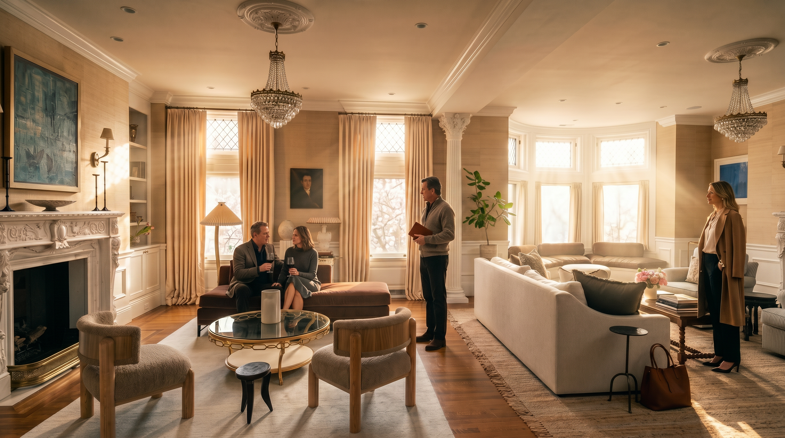 This expansive and elegant living room features a sophisticated blend of traditional architectural details and modern furnishings. The space is anchored by two fireplaces with ornate mantels, crystal chandeliers, and tall windows draped in neutral curtains. A large, light-colored sofa and a pair of textured armchairs create a comfortable seating area, while the warm wood flooring and soft color palette contribute to an inviting, high-end atmosphere.