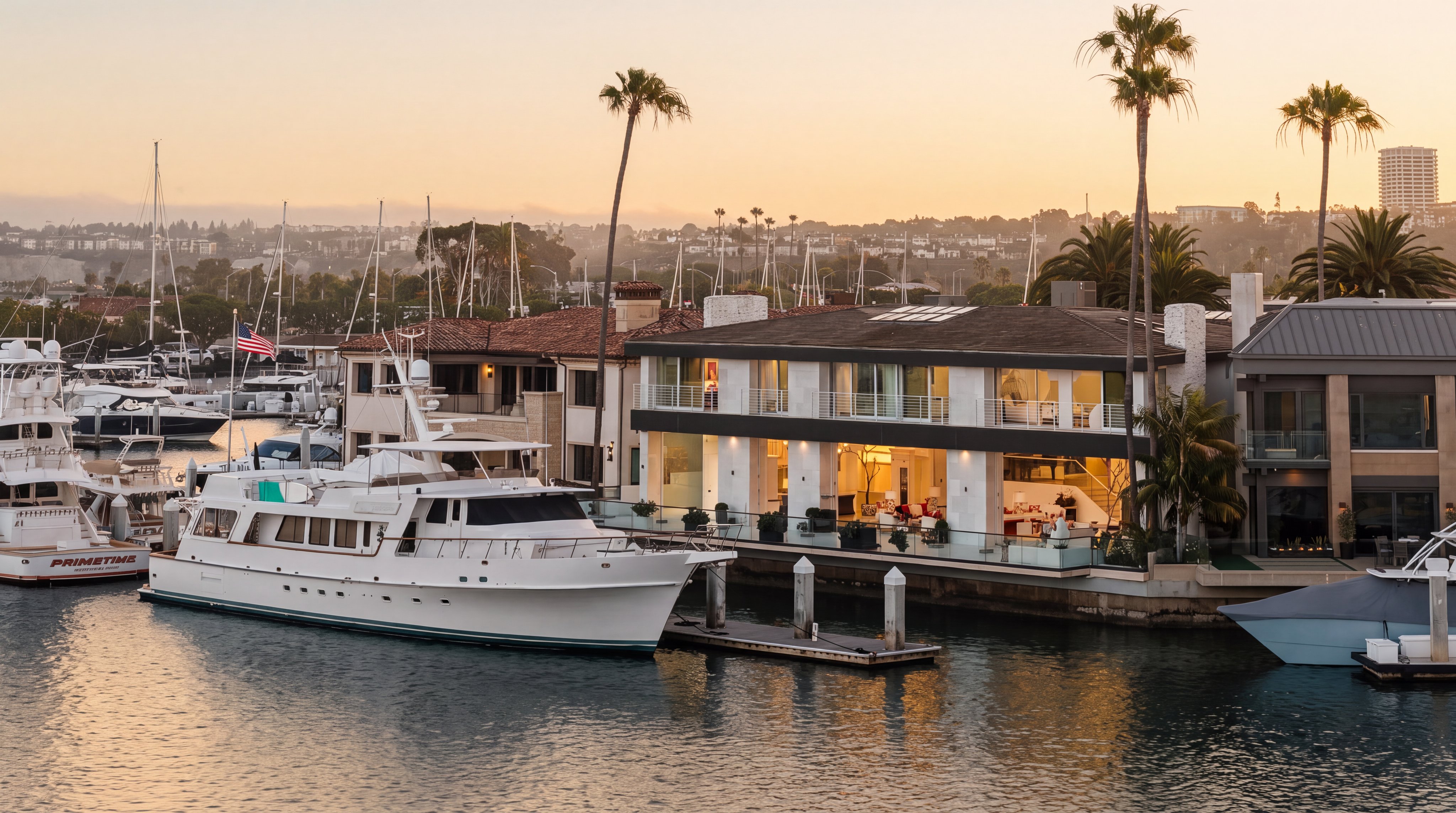This waterfront property features a contemporary architectural design with expansive glass walls that offer seamless indoor-outdoor living. A large private yacht is docked directly in front of the residence, emphasizing the luxury lifestyle of this harbor-front location. The scene is captured at sunset, with the warm light reflecting off the water and the home's modern, clean-lined facade.