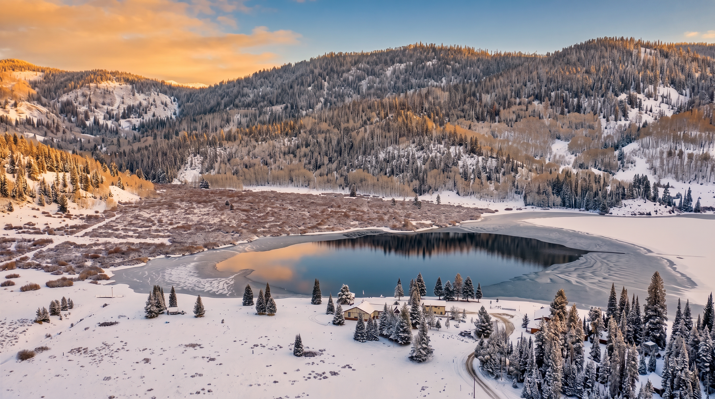 This scenic aerial view captures a mountain retreat nestled next to a partially frozen alpine lake. The landscape features dense snow-covered forests, soft sunset light reflecting on the water, and small cabin-style structures dotting the shoreline. It offers an exceptionally peaceful and picturesque setting, ideal for a mountain getaway.