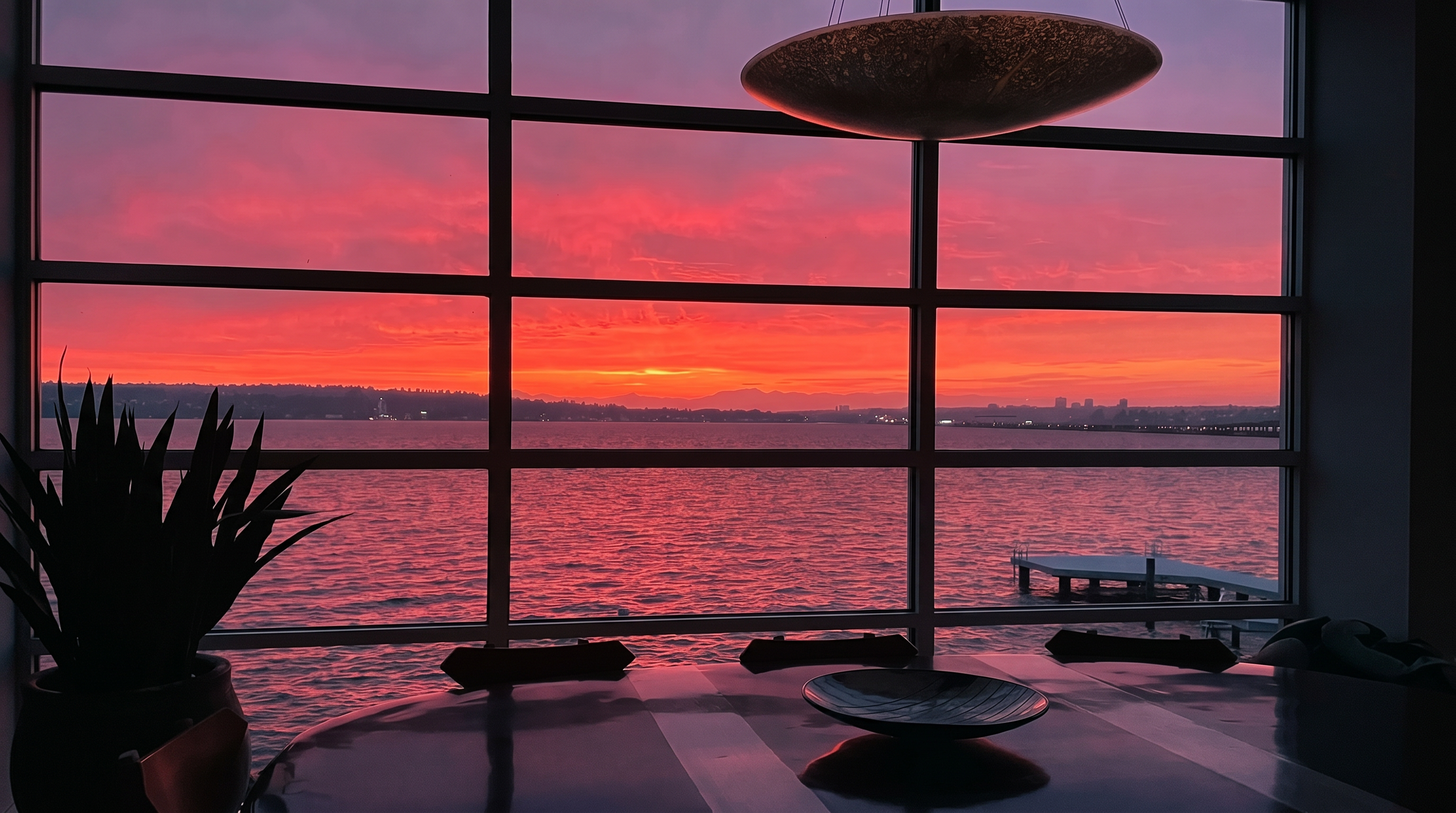 This interior space features a dining table positioned in front of expansive, grid-paned windows that offer a dramatic, unobstructed view of a vibrant sunset over the water. A decorative bowl sits on the table, while a large, textured pendant light hangs above, casting a warm glow. The scene captures a serene and luxurious atmosphere, emphasizing the connection between the indoor living area and the scenic waterfront exterior.