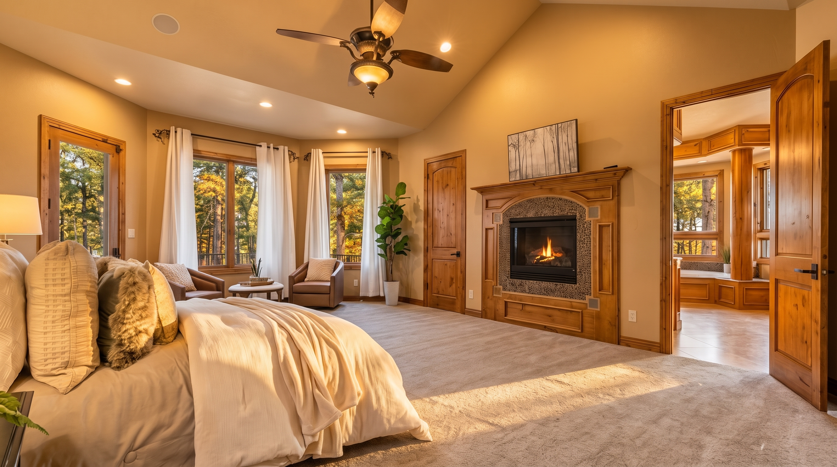 This spacious primary bedroom features a vaulted ceiling with a central fan and neutral carpeting throughout. A prominent wood-framed fireplace with a decorative tile surround serves as a focal point, while large windows with white curtains provide ample natural light and views of the surrounding trees. The room includes a cozy seating area and an open doorway leading into an adjacent bathroom, creating an inviting and open-concept layout.