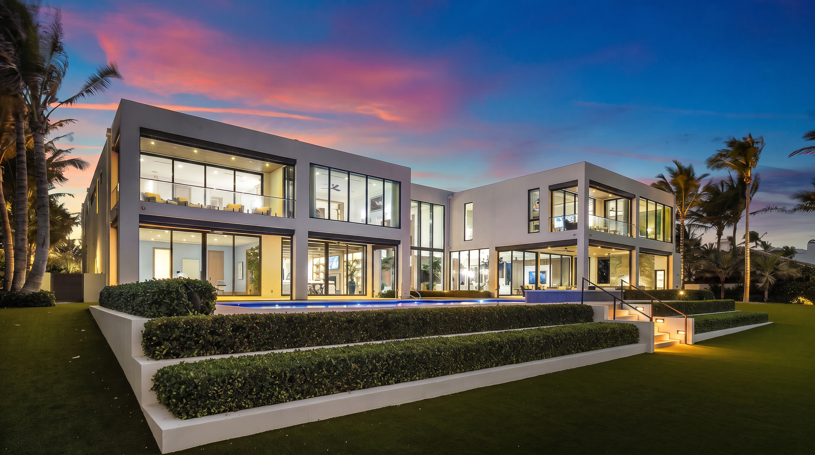 This modern luxury residence features a striking contemporary design with extensive glass walls and clean, geometric lines. The rear of the home opens onto a multi-tiered backyard with manicured hedges, a swimming pool, and a spacious lawn, all captured during a vibrant sunset. The perspective is a wide, eye-level shot that emphasizes the seamless transition between the indoor living spaces and the outdoor entertainment area.