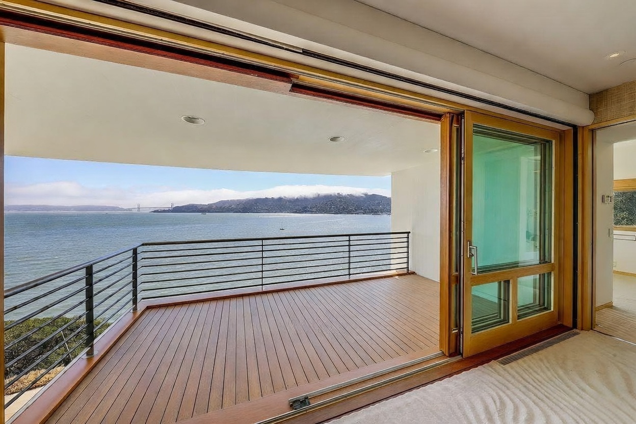 This image captures a spacious, covered balcony featuring warm-toned wood decking and a sleek metal railing that overlooks a vast body of water. Large, multi-panel sliding glass doors provide a seamless transition from the interior space to the outdoor area, framing a picturesque view of a distant bridge and hills. The perspective is from inside a room looking out, emphasizing the expansive connection between the home's living space and the scenic waterfront environment.