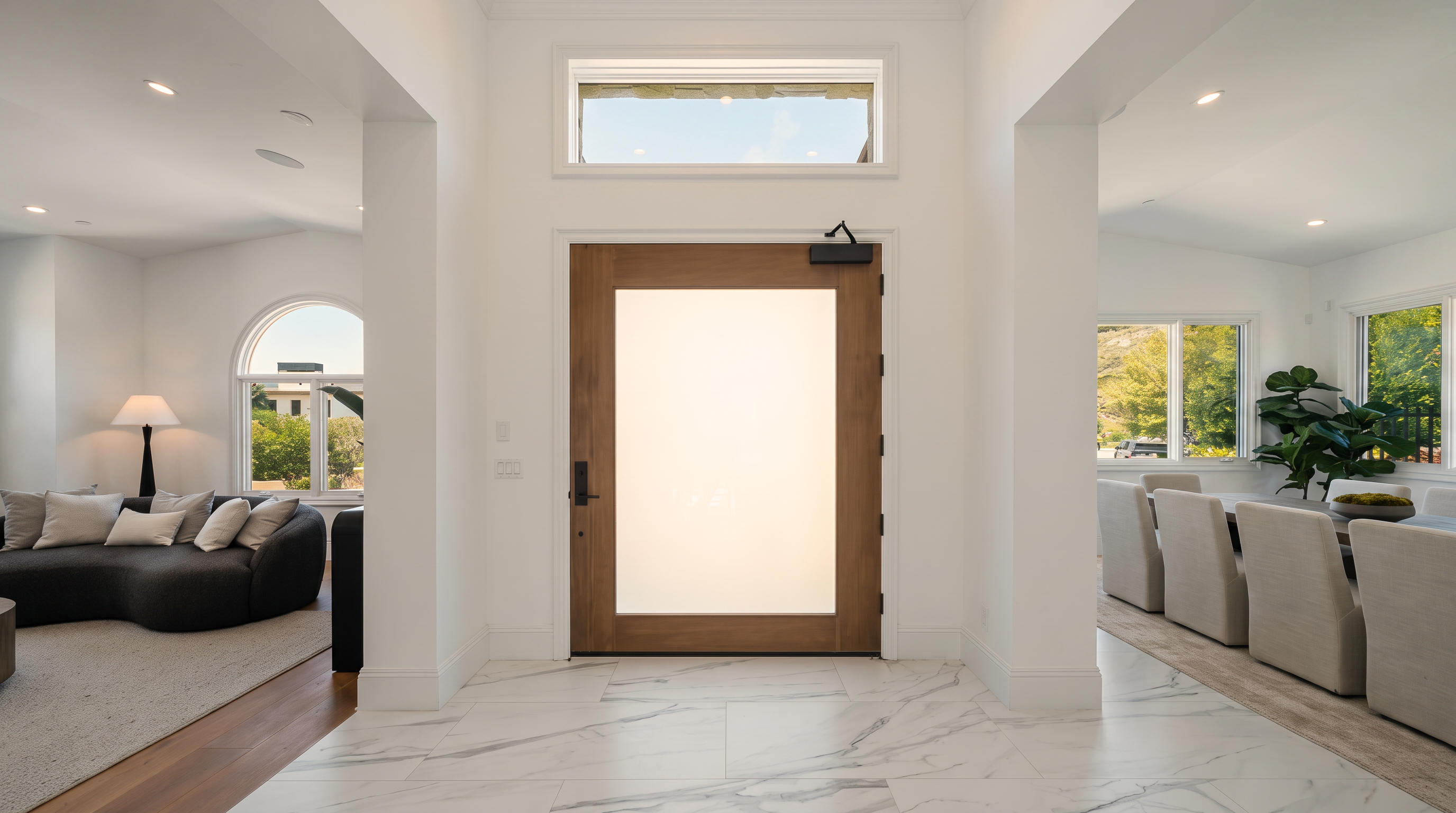 This bright and airy entryway features a large, modern wood-framed front door with a transom window above, creating a welcoming focal point. The space is finished with light-toned, large-format stone flooring that extends into the adjacent living and dining areas. The open-concept layout provides clear sightlines into the surrounding rooms, emphasizing a clean, contemporary aesthetic with neutral walls and abundant natural light.