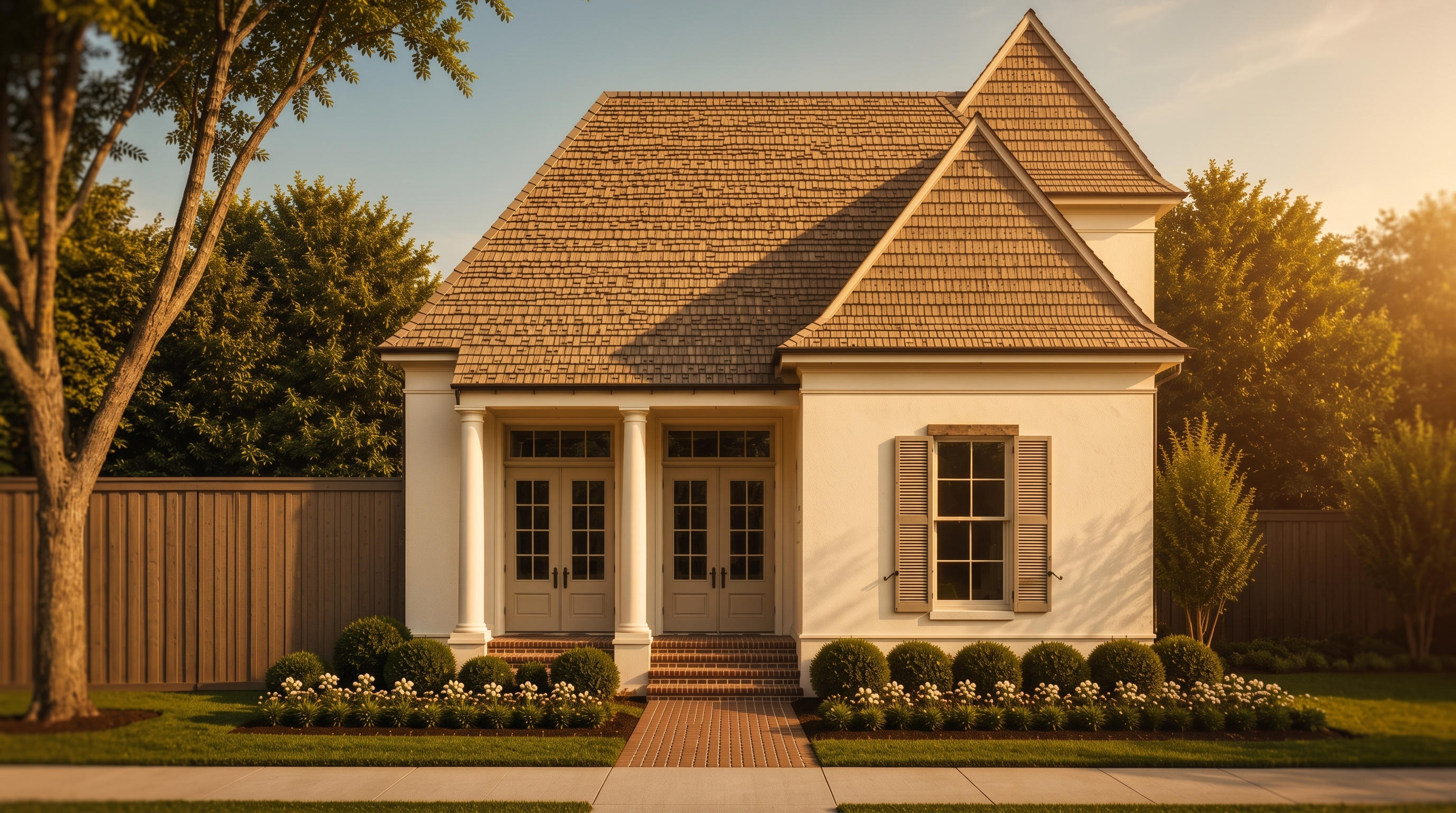 This charming front view of a home features a symmetrical architectural design with a light-colored stucco exterior, prominent white columns, and a cedar-shake roof. The home is complemented by well-manicured landscaping, including uniform boxwood shrubs and flowering plants, leading to a welcoming brick entryway. The overall impression is one of classic elegance and excellent curb appeal.