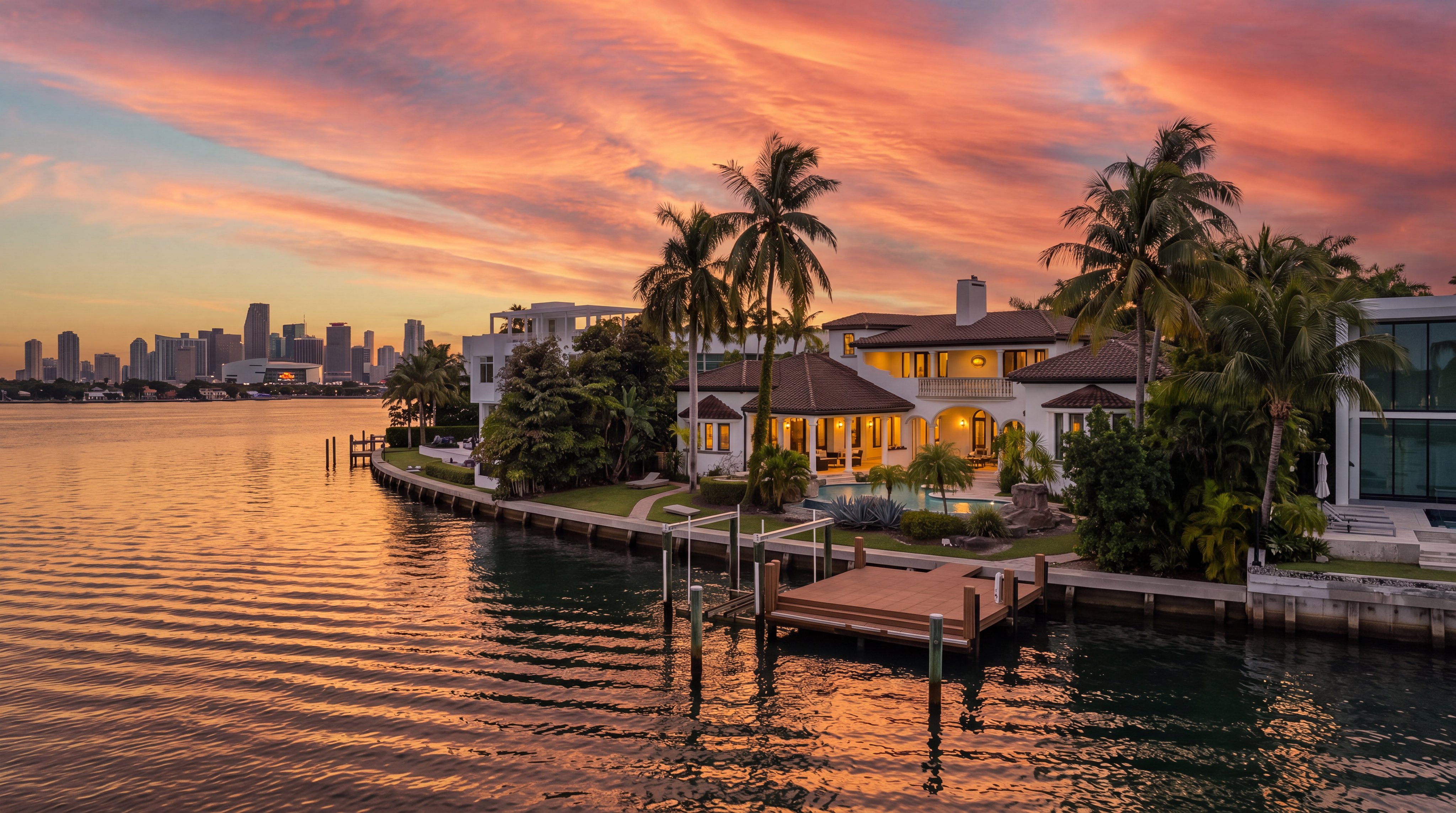 This stunning waterfront luxury estate, captured at sunset, features a Mediterranean-inspired architectural style with a private swimming pool, landscaped gardens, and a dedicated wooden boat dock. The property enjoys prime water frontage with panoramic views of the distant city skyline, offering a serene and upscale living environment. The warm evening light enhances the elegant white facade and expansive outdoor entertaining areas.