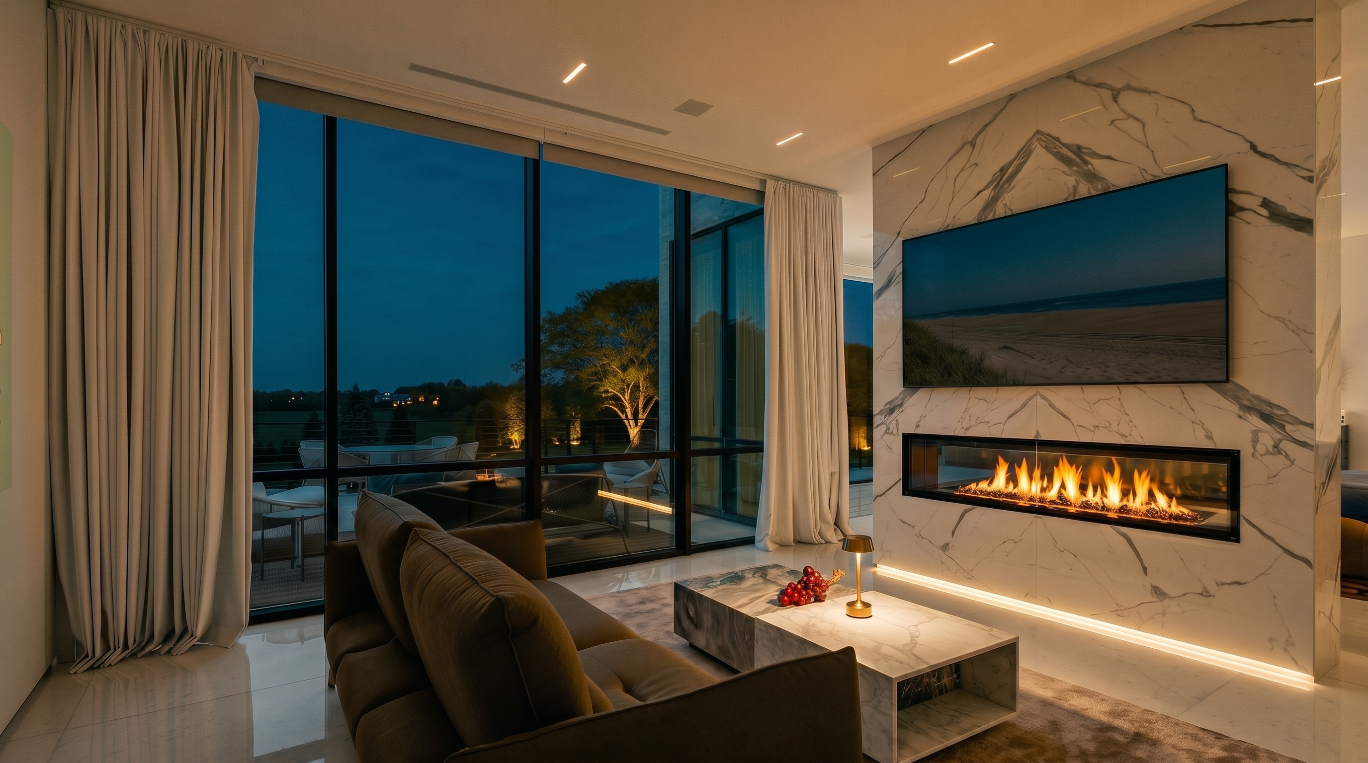 This modern living room features a sleek, linear fireplace set into a full-height stone-clad chimney breast, which also serves as a mount for a large television. A plush brown sofa faces the fireplace, complemented by a dual-toned stone coffee table resting on a textured area rug. Large windows with white curtains provide an expansive view of the outdoor deck and surrounding greenery, creating a bright and airy atmosphere.