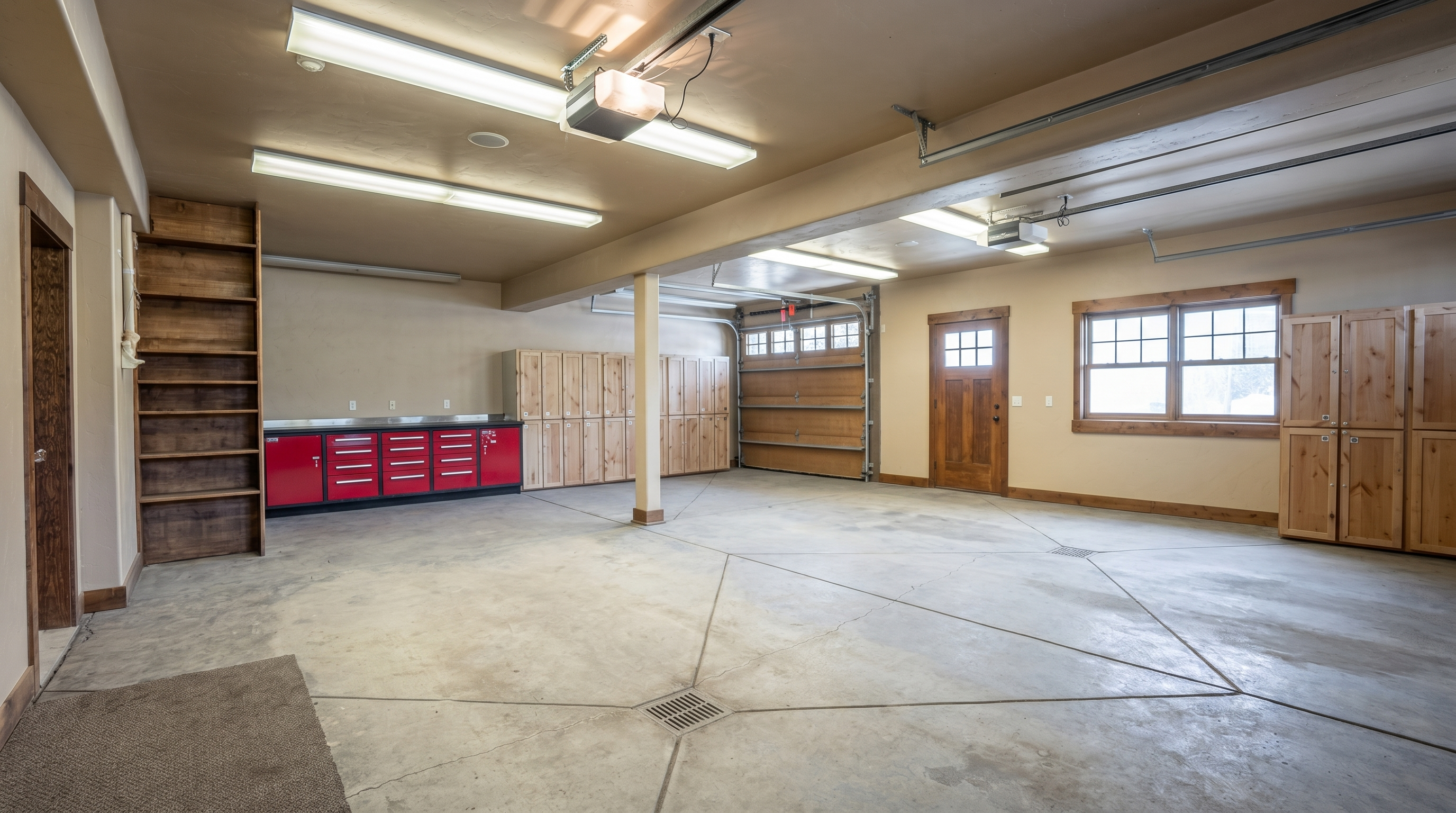 This spacious, multi-car garage features a concrete floor with integrated drainage, ample storage cabinets, and a dedicated workbench area with red tool chests. The space is illuminated by multiple overhead fluorescent light fixtures and includes a wooden door leading to the home's interior, as well as a windowed garage door. The neutral-toned walls and wood-trimmed accents create a functional and organized workshop environment.