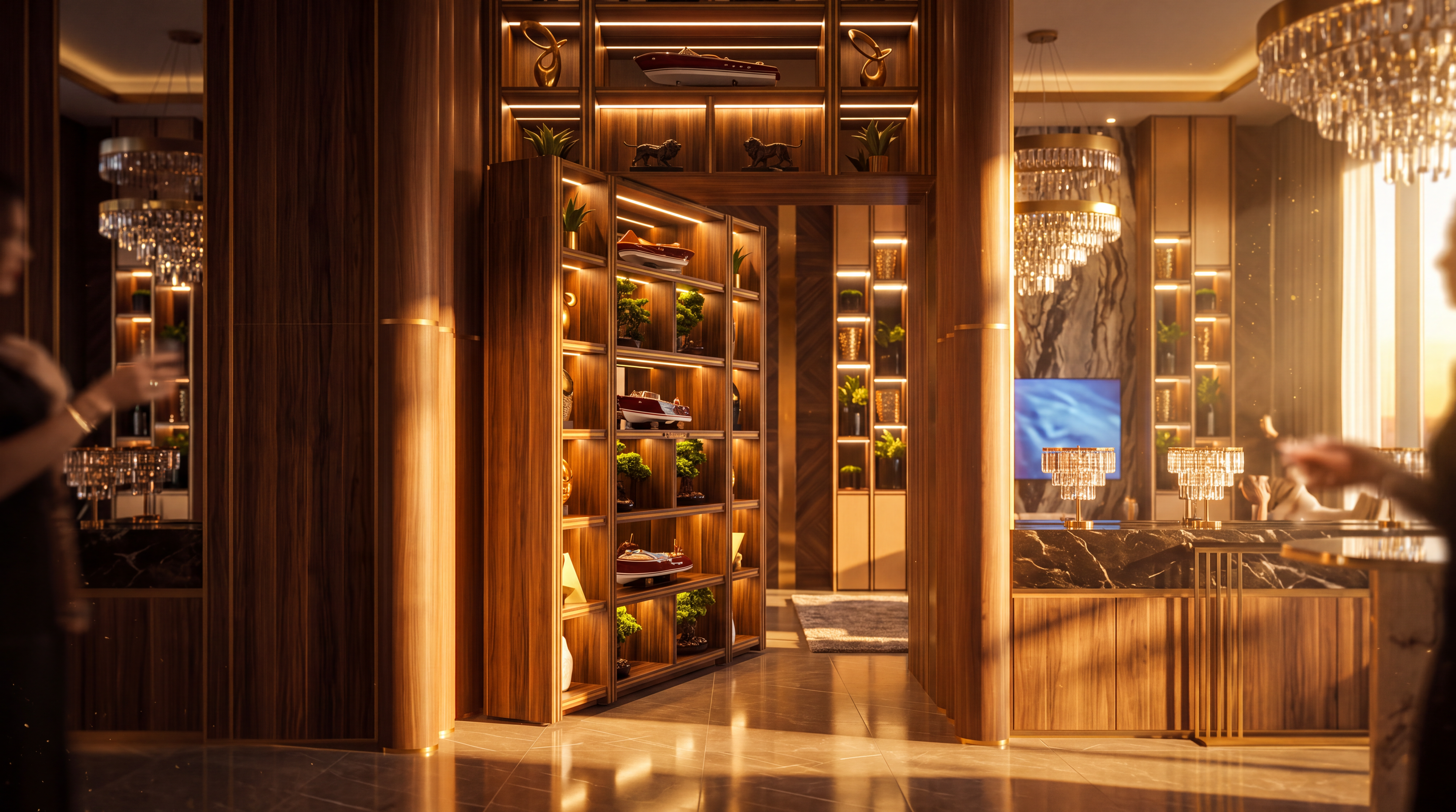 This image captures a sophisticated transition space featuring a unique, pivoting bookshelf door that serves as a hidden entrance. The hallway is finished with warm-toned wood paneling and integrated LED lighting that highlights the curated decor, including model boats and sculptures. The perspective looks through the open doorway into a secondary living area, showcasing a seamless blend of modern design and architectural craftsmanship.